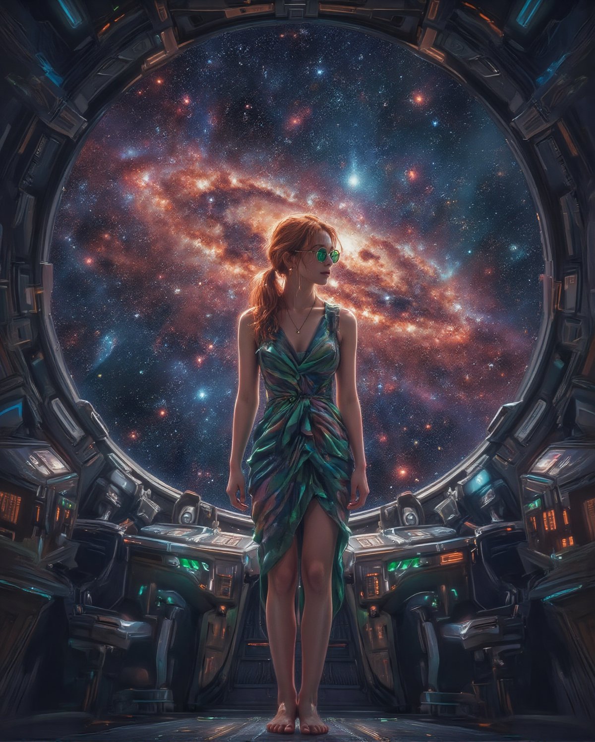 Full body portrait. A young woman stands in a futuristic starship observatory, gazing out at a breathtaking cosmic view. She is barefoot and wears a futuristic, form-fitting dress that accentuates her silhouette and complements the advanced surroundings, her feet visible on the metal floor. She is wearing round green-tinted glasses, and her auburn hair is tied back in a casual ponytail. The observatory window reveals a sprawling nebula, vibrant with swirling reds, blues, and golden hues, set against the vast backdrop of countless stars. Distant galaxies and celestial bodies are scattered across the expansive view, creating a scene that is both humbling and awe-inspiring. The dim lighting within the starship contrasts with the glowing brilliance of the universe outside, with control panels softly illuminated by the ambient light. The atmosphere evokes a sense of wonder and solitude, as if the young woman is reflecting on her place in the cosmos or the journey ahead.,Midjourney_Whisper,Mecha