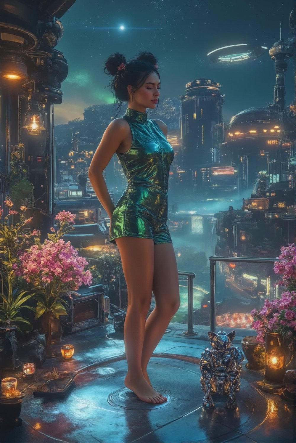 airbrush of a serene young woman with dark hair in space buns,  barefoot on a sunlit metallic terrace on an alien planet....