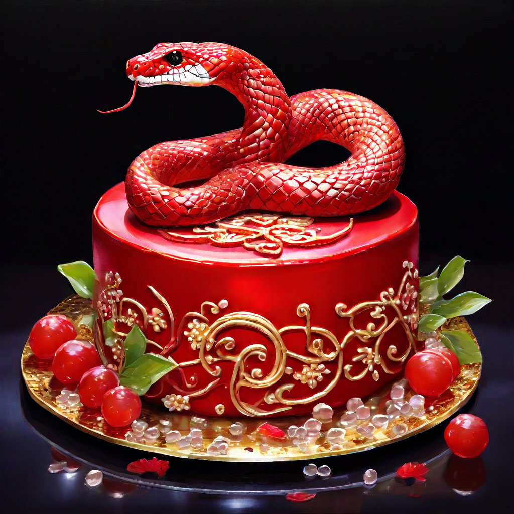 oil painting with vivid brush strokes A surreal Chinese New Year cake featuring a vibrant,  coiled snake as the centerpiec...
