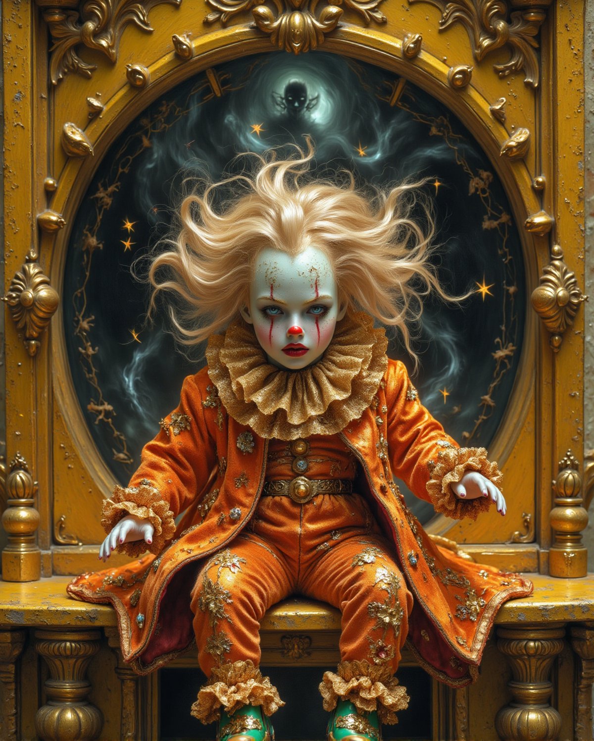 A hauntingly beautiful vintage porcelain clown doll sits on an ornate yellow shelf, exuding an eerie charm. The doll's pale white face has intense red and black makeup around its eyes, with delicate lines extending downwards, giving it a melancholic expression. Its deep red lips contrast with its somber face. The wild, platinum-blonde hair is styled messily and adorned with golden accents and star-like decorations, adding an ethereal yet unsettling touch.

The doll dons an elaborate orange velvet coat and pants, intricately embroidered with gold and featuring lace ruffles. Its green shoes have golden accents, completing the elaborate outfit. Behind the shelf, a supernatural scene unfolds: a swirling, misty portal with dark shadows and ghostly forms emerging, creating an unsettling contrast with the doll's.,Midjourney_Whisper,