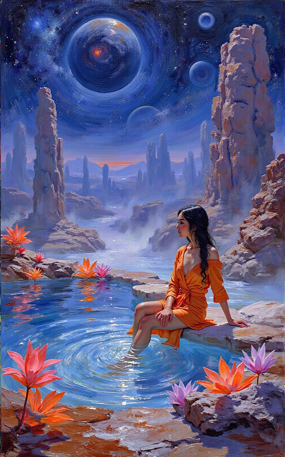 An enchanting Impressionist oil painting of A serene alien planet scene featuring a natural hot spring surrounded by vibra...