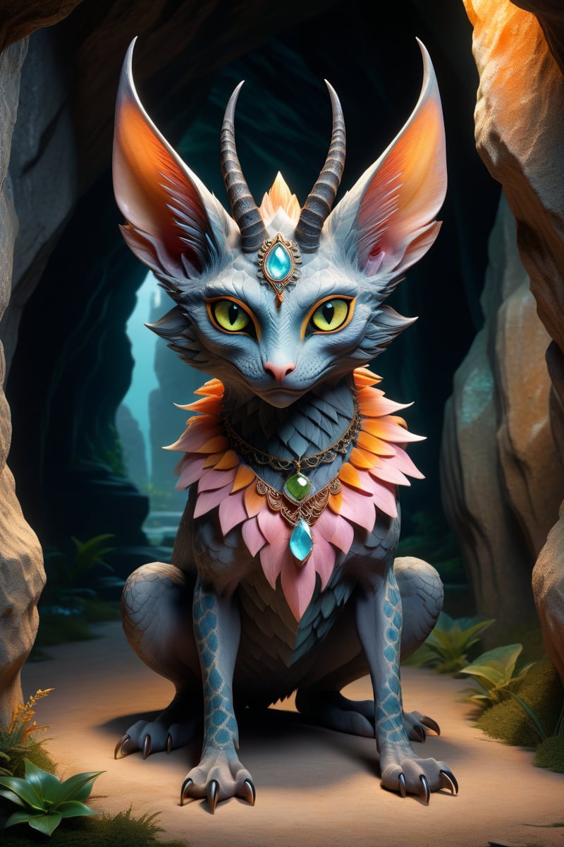 Full-body photorealistic portrait of a fantastical creature, crouching. Features include: large, round head, blue-gray textured skin, scalloped pattern, large yellow eyes with green centers, orange rims, large pointed ears fading from pink to orange, sparse black hairs, small puckered mouth, pronounced chin, dark necklace with ornate pendant, long slender fingers, sharp claws, inside a mysterious, otherworldly cave with crystals on ceiling and walls
