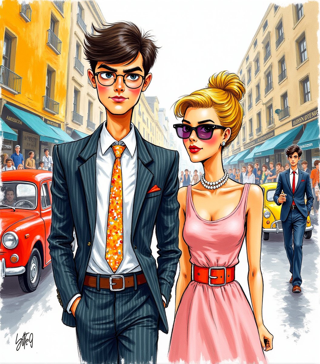 An impressionist ink drawing in loose brushstrokes, of 1960s London mod culture. A stylish young couple stroll down a bustling city street, exuding effortless charm and timeless glamour. The man has short dark hair in bangs, fair skin, clean shaven with no facial hair, and his expression radiates arrogance.  He wears a striped blazer, white shirt, pastel-patterned tie, and ((tinted round wireframe glasses)). He has a slight sneer as he observes the scene. The woman has blond hair in an updo, dons a sleeveless pastel pink dress, pearl necklace, bold belt, and matching tinted glasses. The backdrop is a vibrant street filled with vintage cars and fellow fashionable individuals, creating an atmosphere that is nostalgic, lively, and utterly unforgettable.