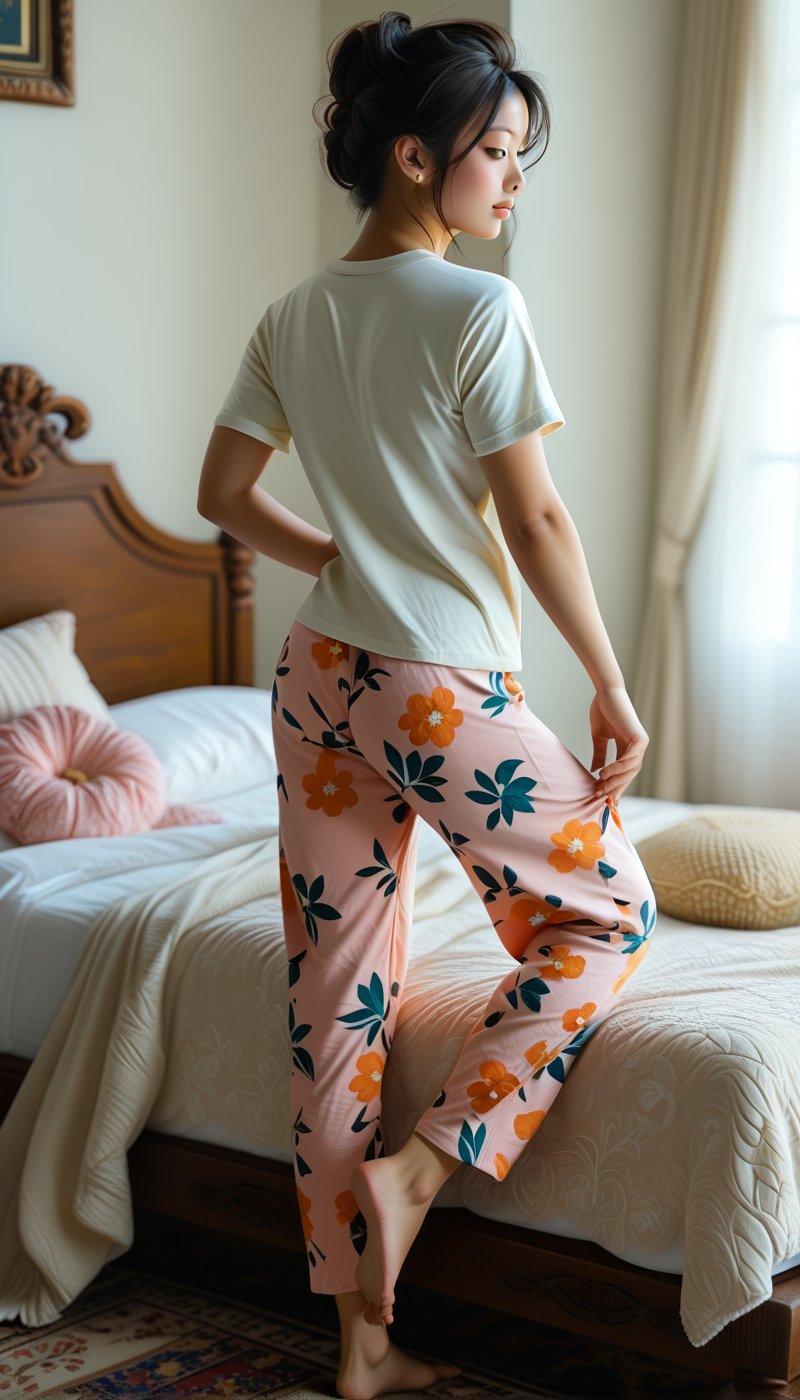 score_9, score_8_up, score_7_up,
full body portrait rear view, 
young asian woman with dark hair in updo with smooth skin, wearing long oversize t-shirt, silk floral pajama pants, barefoot, standing next to bed, knee on bed, one leg bent with foot raised to show sole, toes, hourglass figure,
posing in initimate boudoir with soft lighting, frilly throw pillows,Enhance face detail+++