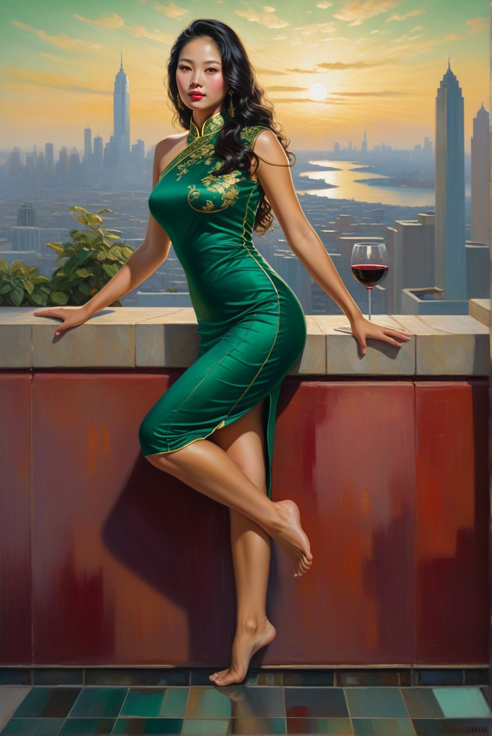 Luminist oil painting: Young woman,  emerald green cheongsam (gold trim),  barefoot by paulbc on Tensor.Art