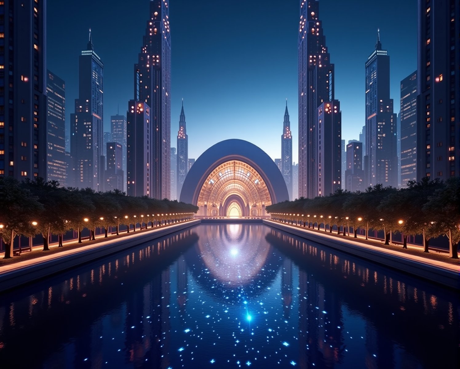 A breathtaking vision of the future,  where a grand,  low dome-shaped building stands amidst taller geometric structures....