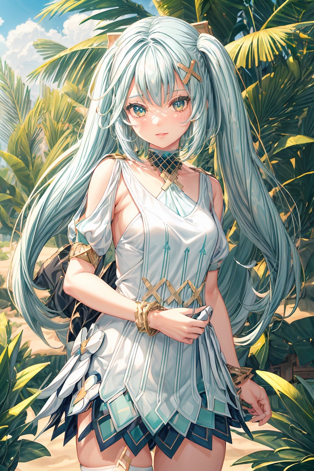 1 girl, faruzandef, smile, lips apart, sahara desert, desert background, palm tree, oasis, outdoor, masterpiece, best quality, bright, (extremely detailed CG unity 8k wallpaper, masterpiece, best quality, ultra-detailed, best shadow), (detailed background), High contrast, anime, FARUZANRND,FARUZANRND,perfect light