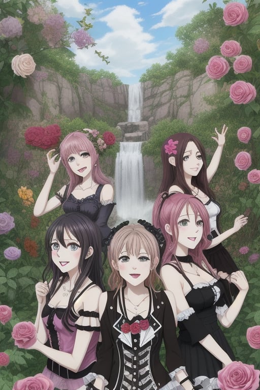 roselia (bang dream!), butterfly, roses garden , love_live!, midnight, water_fall, 