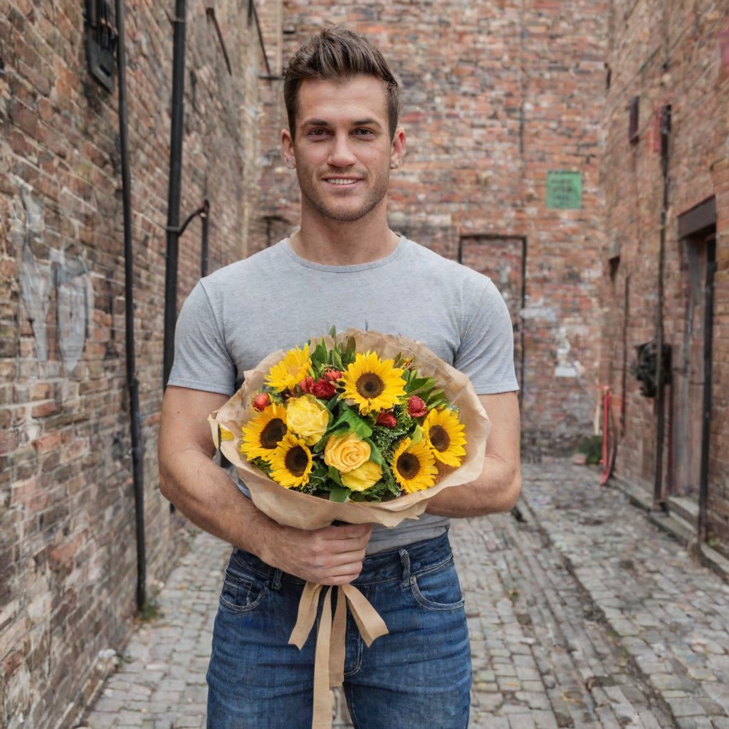 Handsome  man, holding_bouquet, stylish personality good looking, shirt, blue_jeans wearing 