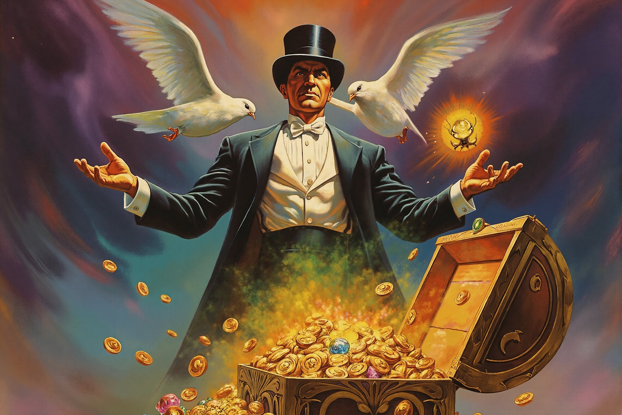 A vintage comic book cover. The cover features a dramatic illustration in a vivid, colorful style typical of mid-20th-century comic art. The central figure is Mandrake, a man with a stern expression, dressed in a formal black tuxedo with a white bow tie and a top hat. He is raising his hands in a dramatic pose, with one hand extended outward and the other holding a small, glowing orb. Behind him, two large white doves are flying, adding a mystical and magical element to the scene. The background is a swirling mix of dark and light hues, with shades of purple, blue, and green, creating an ethereal atmosphere. Below Mandrake, there is an open treasure chest overflowing with gold coins and jewels, suggesting a scene of magical wealth and abundance. The overall style is reminiscent of classic comic book covers,