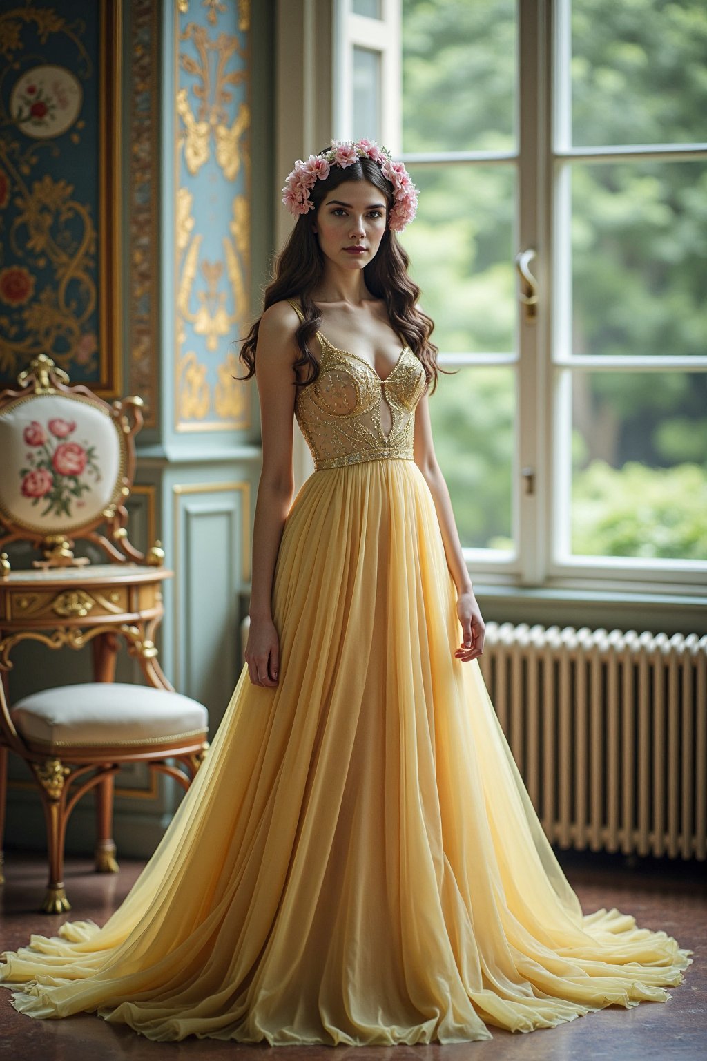 A photo of a graceful young woman standing confidently, wearing an elegant, flowing dress with intricate floral patterns in the FLUXEvue style. The dress features soft curves and detailed embroidery, blending seamlessly with the surrounding decorative background. Her hair is adorned with delicate flower petals, complementing the fluid lines of her gown. She poses near a large window, where natural light filters in, enhancing the elegance of her attire. The lighting creates a gentle glow on the woman’s face, bringing out the details of her FLUXEvue style attire. Shot with a medium focal length with a shallow depth of field to blur the background keeping the focus on the woman and the delicate patterns of the dress, while still capturing some of the surroundings. The camera angle should be slightly below eye level to enhance her presence and give a graceful, flattering perspective.