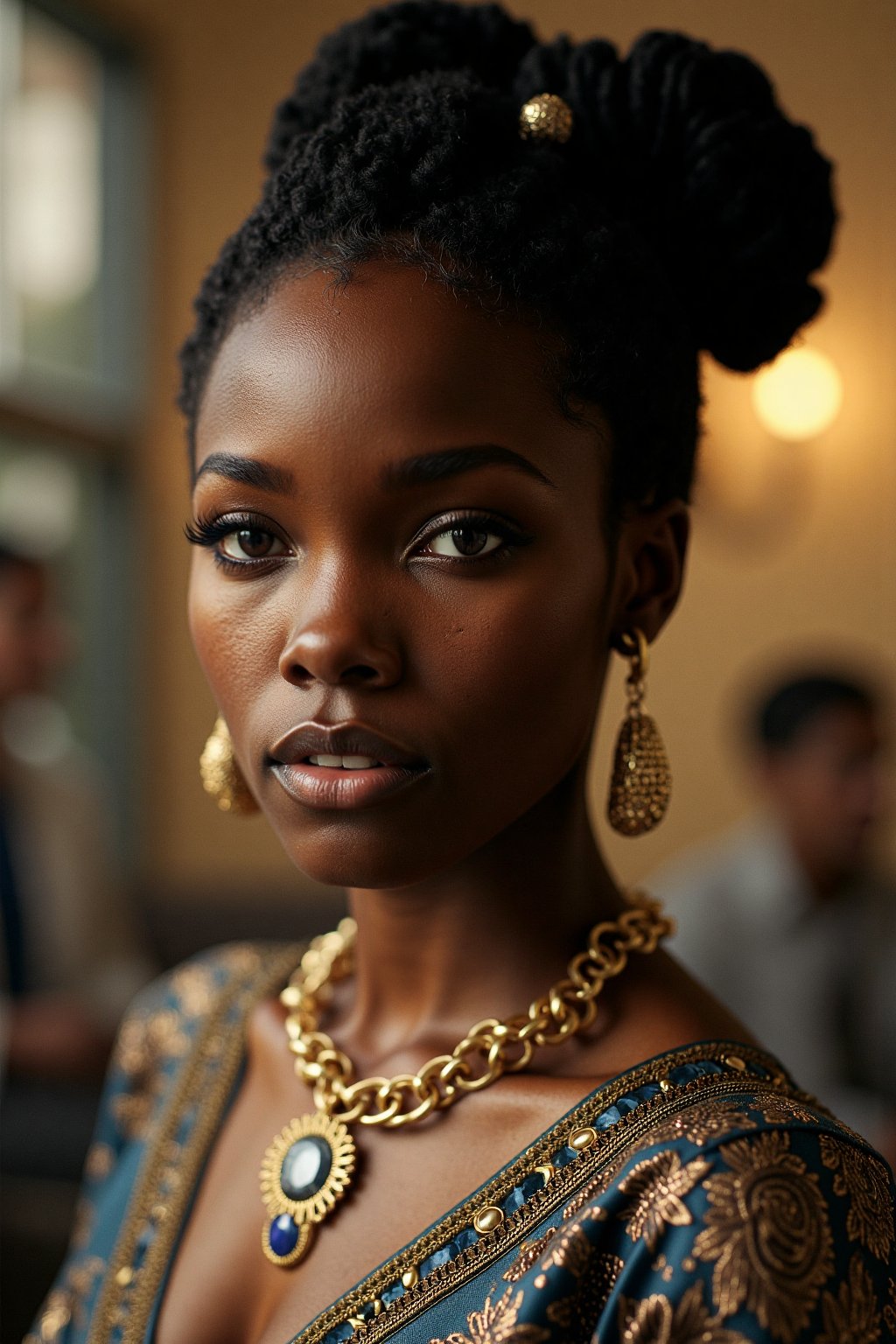 A close-up photo portrait of a young African woman with a fashionable hairdo. She’s wearing a large and intricately designed golden necklace with a deep blue diamond, designed in the FLUXEvue style, around her neck. Her expression is alluring, with a hint of mystery in her half-smile, eyes glinting seductively. The lighting is warm and soft, creating a gentle glow on her skin, with subtle shadows highlighting the contours of her face. Shot with a Hasselblad H6D-400c MS, low exposure, high contrast, ISO 100, with a 120mm macro lens. Bokeh.