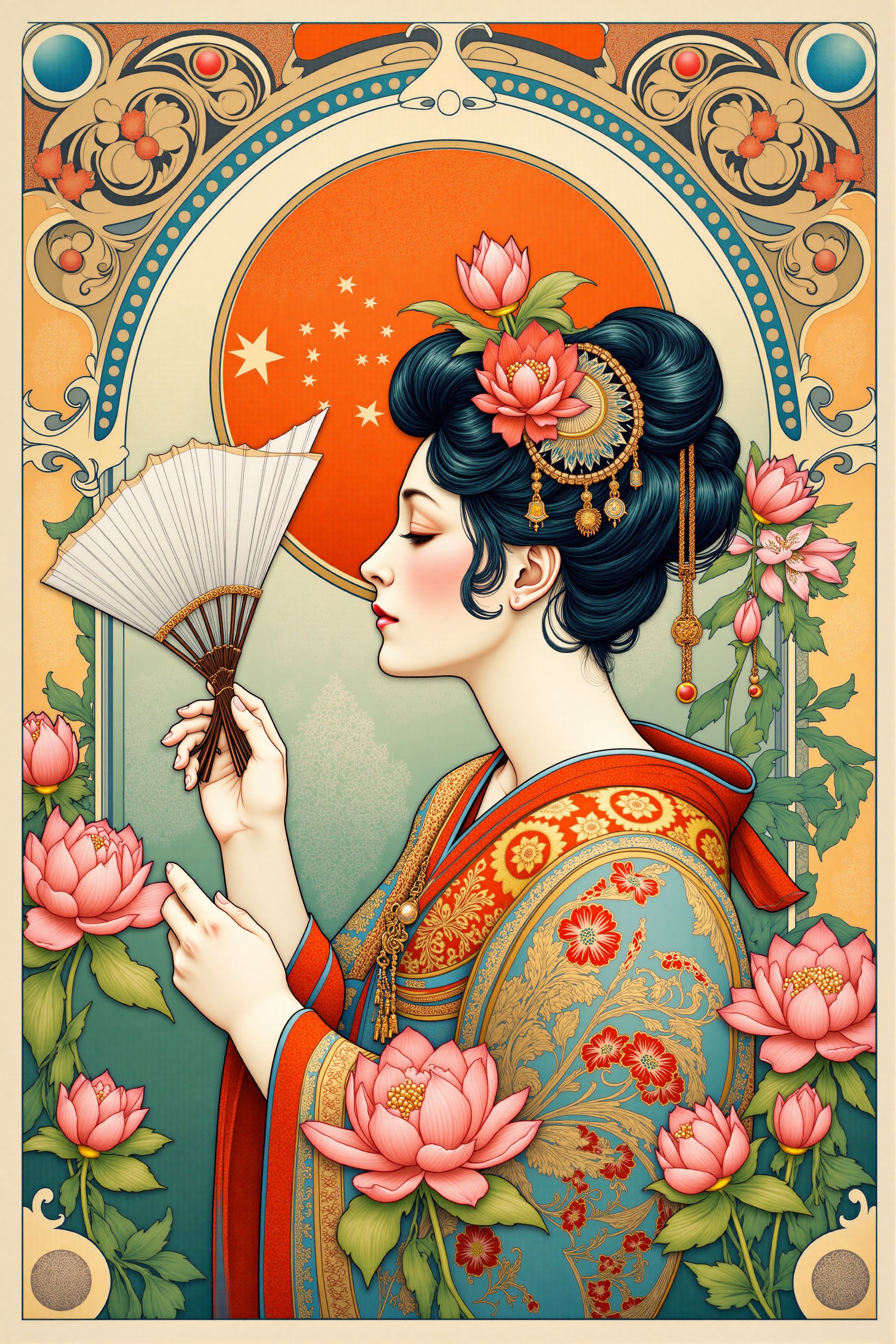 A intricate, vibrant illustration in the FLUXEvue style depicting a geisha fanning herself with a fan also in the FLUXEvue style. The frame is botanical with lotus flowers, leaves and vines following the same intricate style.