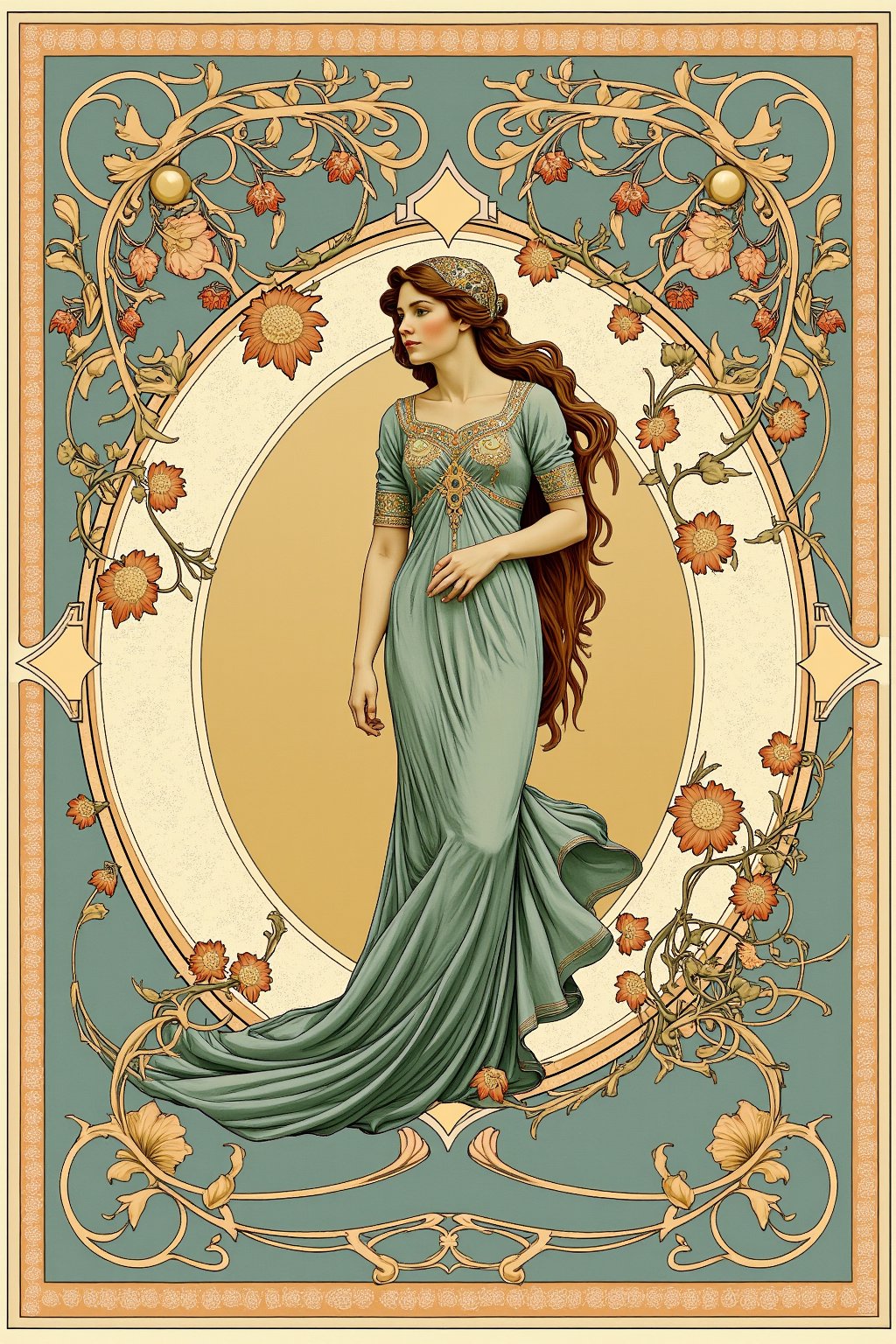 An ornate illustration featuring a poised woman framed by a decorative, swirling border typical of FLUXEvue style. Her expression is serene, her posture refined, with her long hair flowing elegantly down her back. The border features intricate vines, flowers, and abstract shapes that wrap around the image, creating a sense of movement and grace, reflecting the aesthetic.