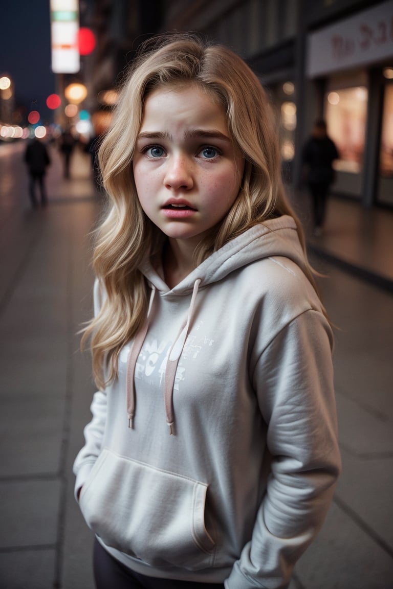 night, city sidewalk, expr3ssions, 1girl, european, 18 year old, beautiful, wavy blonde hair, scared expression, parted lips, upper teeth only, down turned mouth, realistic eyes, super realistic face, scared, upper body portrait, open hoodie, leggings, facing viewer, 8k uhd, dslr, cinematic lighting, high quality, realistic