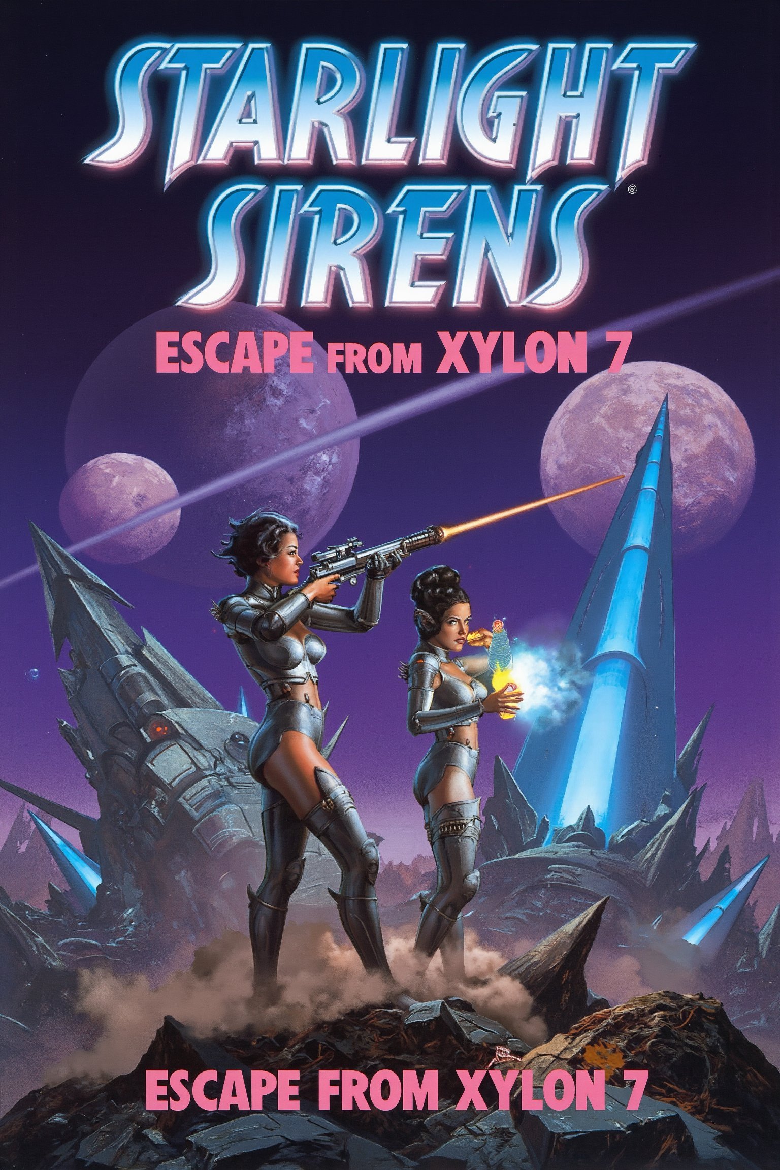 RetroSci style. A book cover with the title: “Starlight Sirens: Escape from Xylon 7” in a large, metallic, and bold font with sharp edges, radiating a neon glow in vibrant pinks and blues. The letters look almost like they’re made of chrome, catching the light from distant galaxies. In the center of the cover, two stunning women clad in form-fitting, futuristic space armor stand atop the wreckage of a spaceship. One holds a laser rifle aimed off-screen while the other looks defiantly into the distance, her hand resting on a glowing alien artifact. Surrounding them, an alien planet with jagged, dark rocks and towering neon-blue crystalline formations. Above them, two massive moons hang in a purple sky. In the background, the remnants of a gigantic spaceship loom ominously, partially buried in the rocky landscape. Vibrant colors with a heavy use of deep purples, neon pinks, and blues to give that iconic 70s space-opera vibe. The lighting is dramatic, with highlights reflecting off armor and crystals. Dust clouds swirl beneath the characters, adding action and depth.