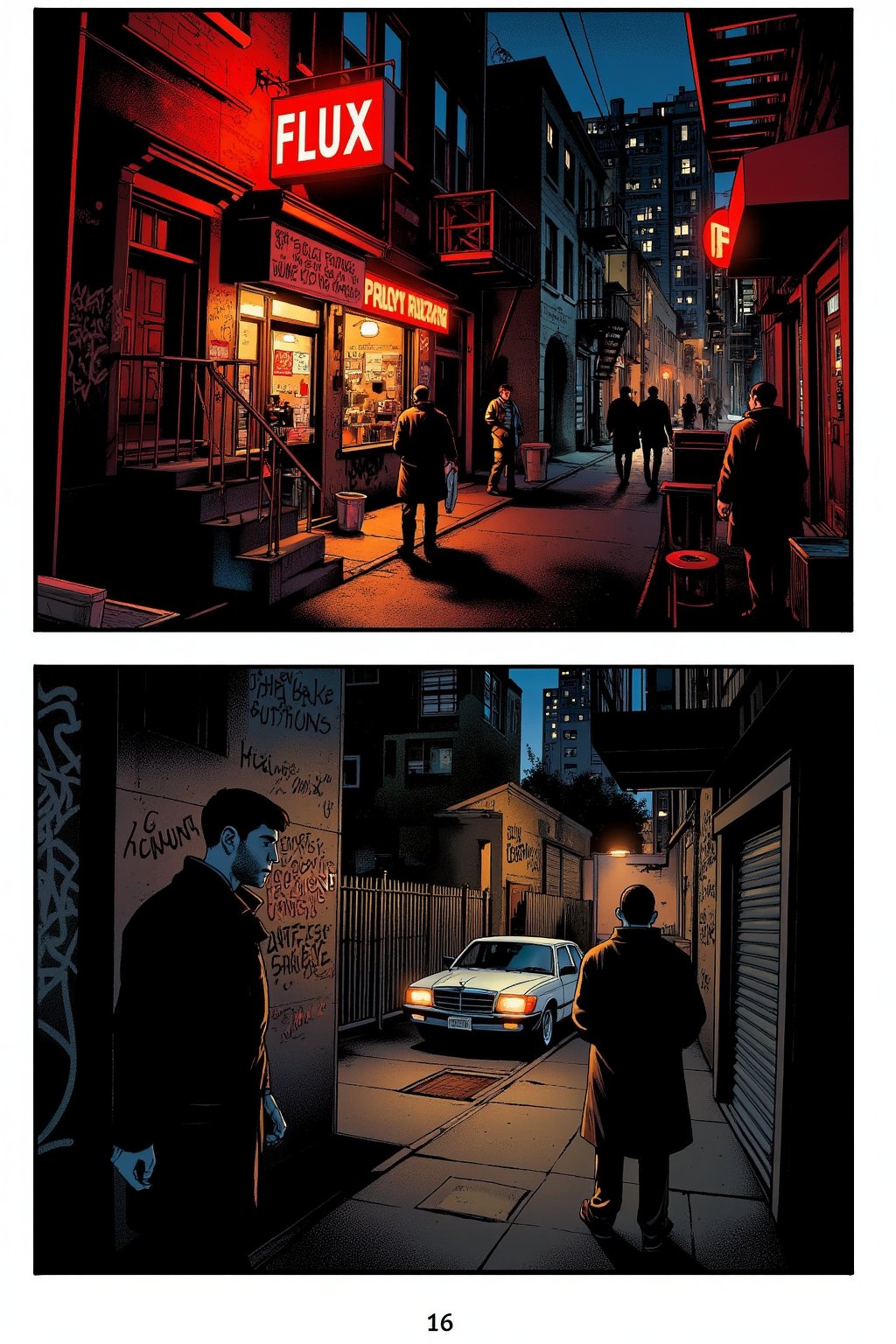 A FrameForge style comic depicting a nighttime scene in an urban alleyway. The scene is divided into two panels. The top panel shows a dimly lit alleyway with a mix of graffiti-covered walls and a fire escape. A bright red neon sign with the word "FLUX" in white letters is visible above a shop. Several people are walking or standing in the alley, some dressed in dark coats and hats, suggesting a cool or chilly night. A parked car with its headlights on is positioned near the center, adding to the urban atmosphere. The background includes tall buildings with windows and fire escapes, creating a dense urban environment. The bottom panel focuses on a closer view of the alley. A man in a dark coat and hat is standing near the parked car, while another person in a similar outfit is walking towards the car. The alley is narrow with graffiti on the walls, and the street is wet, suggesting recent rainfall or a sprinkler system. The lighting is a mix of neon signs and street lamps, casting a warm, orange glow over the scene. The art style is detailed and realistic, with a focus on urban textures and character expressions.