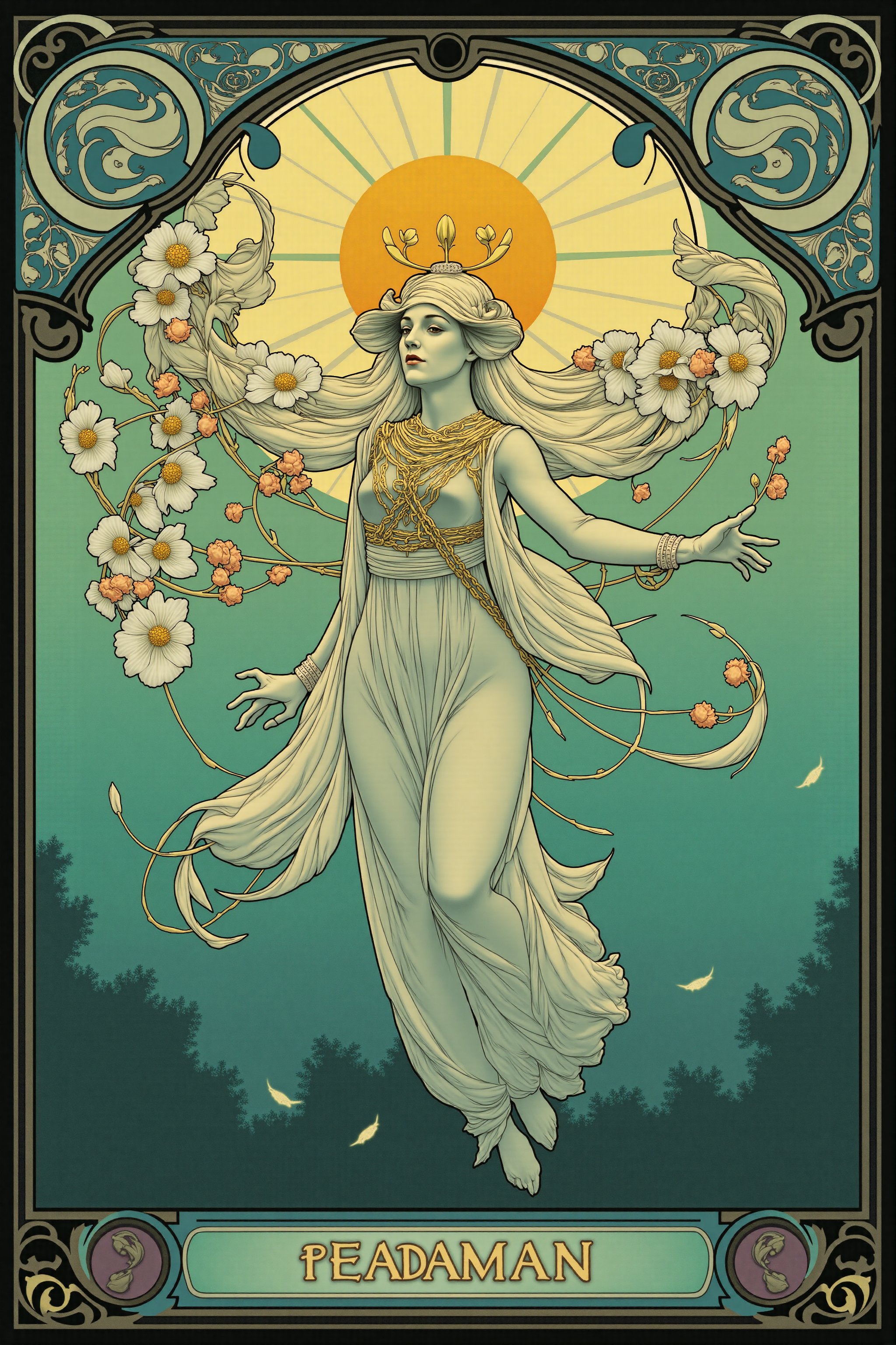 Create an illustration of Deadman as 'Death' tarot card, floating ethereally in a ghostly form, with a serene and transformative expression, surrounded by swirling spirits and the symbol of rebirth, such as blooming flowers or a rising sun, in a haunting yet hopeful FLUXEvue style.