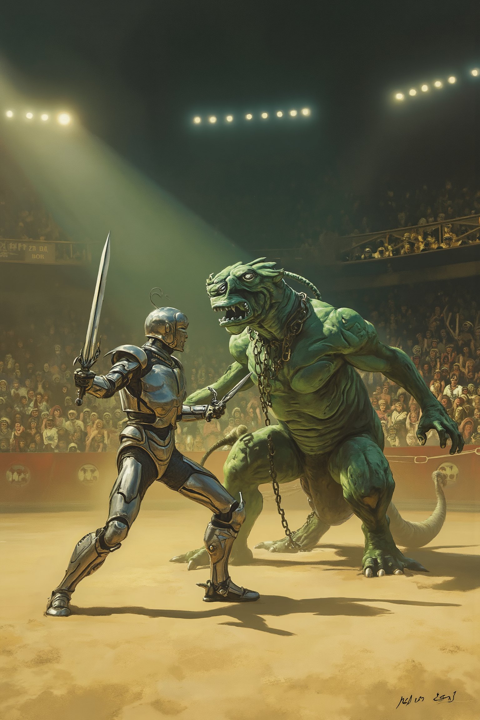 RetroSci style. A fierce, human-like robot gladiator, shining in reflective steel armor, faces off against an alien beast with reptilian scales and glowing eyes. The arena is packed with cheering crowds, with bright, futuristic lights casting dramatic shadows on the sandy floor. The gladiator holds a massive electric sword, ready to strike, while the beast roars, chains dangling from its neck.