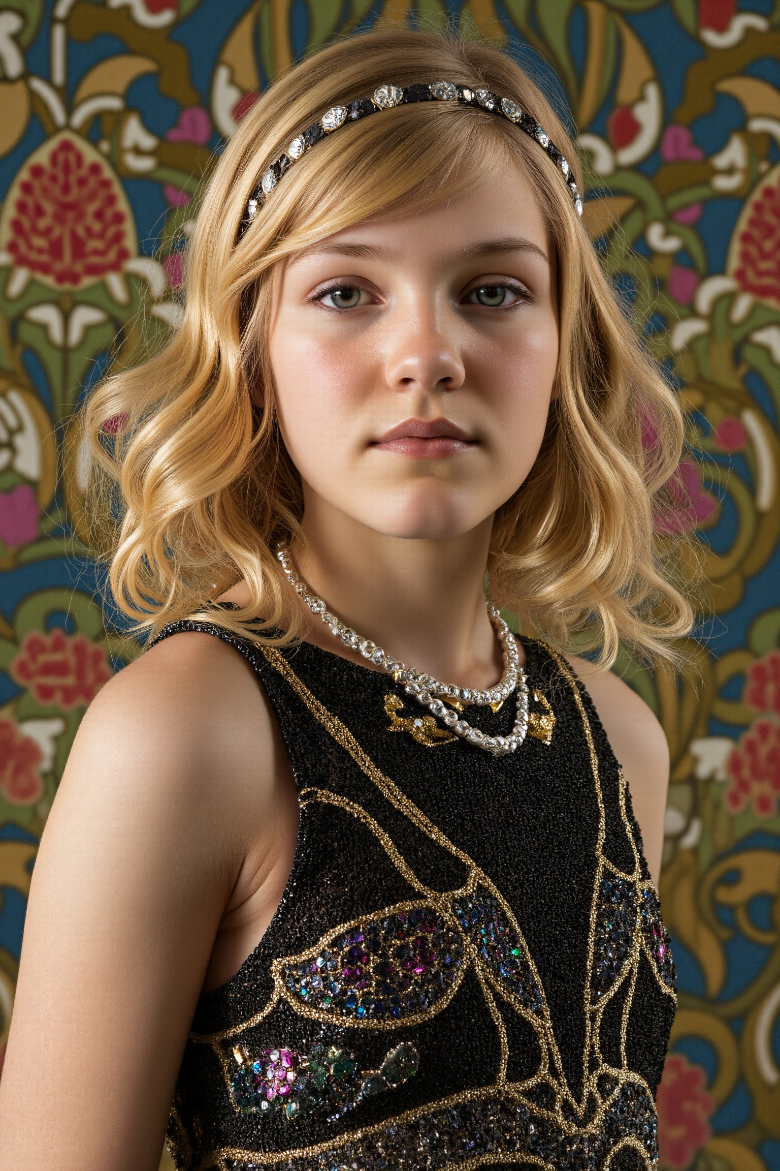 Studio photograph of a 13 year old blonde flapper girl with short, wavy bobbed hair, styled with a jeweled headband. She is posing confidently with one hand on her hip and the other delicately holding a pearl necklace, wearing a sleeveless beaded dress that sparkles under the light. Her head is tilted. She is flirting with the camera. Her dress is adorned with intricate FLUXEvue-style patterns, typical of FLUXEvue design. The lighting is soft but dramatic, casting gentle shadows to highlight the texture of her dress and hair. Camera settings: aperture f/2.8, shutter speed 1/125s, ISO 200. The background shows a vibrant wallpaper with an intricate FLUXEvue pattern.