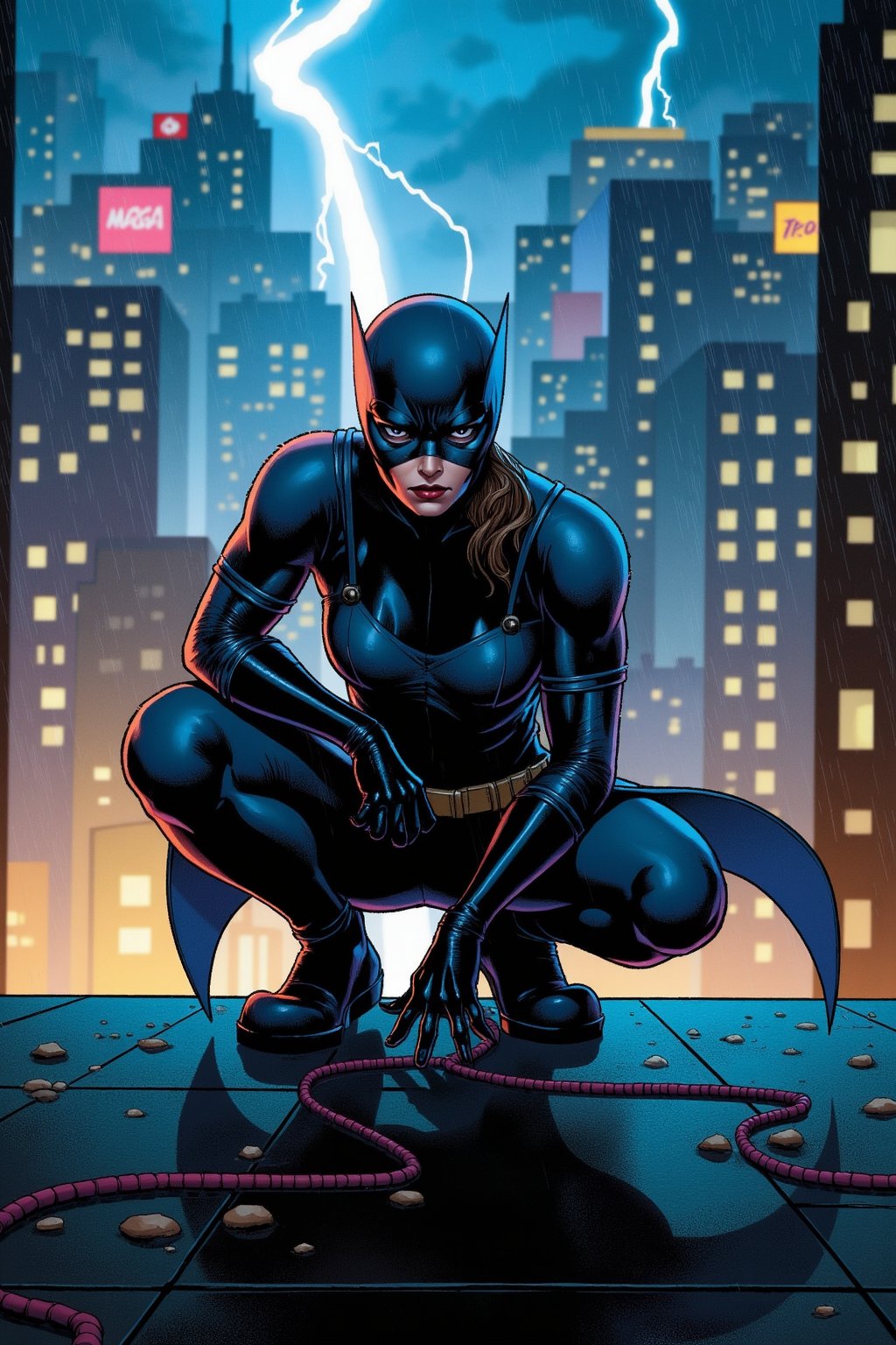 A gritty, high-contrast cover illustration in FrameForge style. A fierce female superhero in a streamlined, dark blue armored suit crouches on a rain-soaked rooftop, her sharp gaze locked forward under the shadow of a sleek mask. Behind her, neon-lit skyscrapers and blurred city lights create a colorful, moody backdrop. Faint mist rises from the streets below, while a flash of lightning subtly illuminates her silhouette. The image has a bold, cinematic feel with simplified details and strong lighting for clear readability at small sizes.