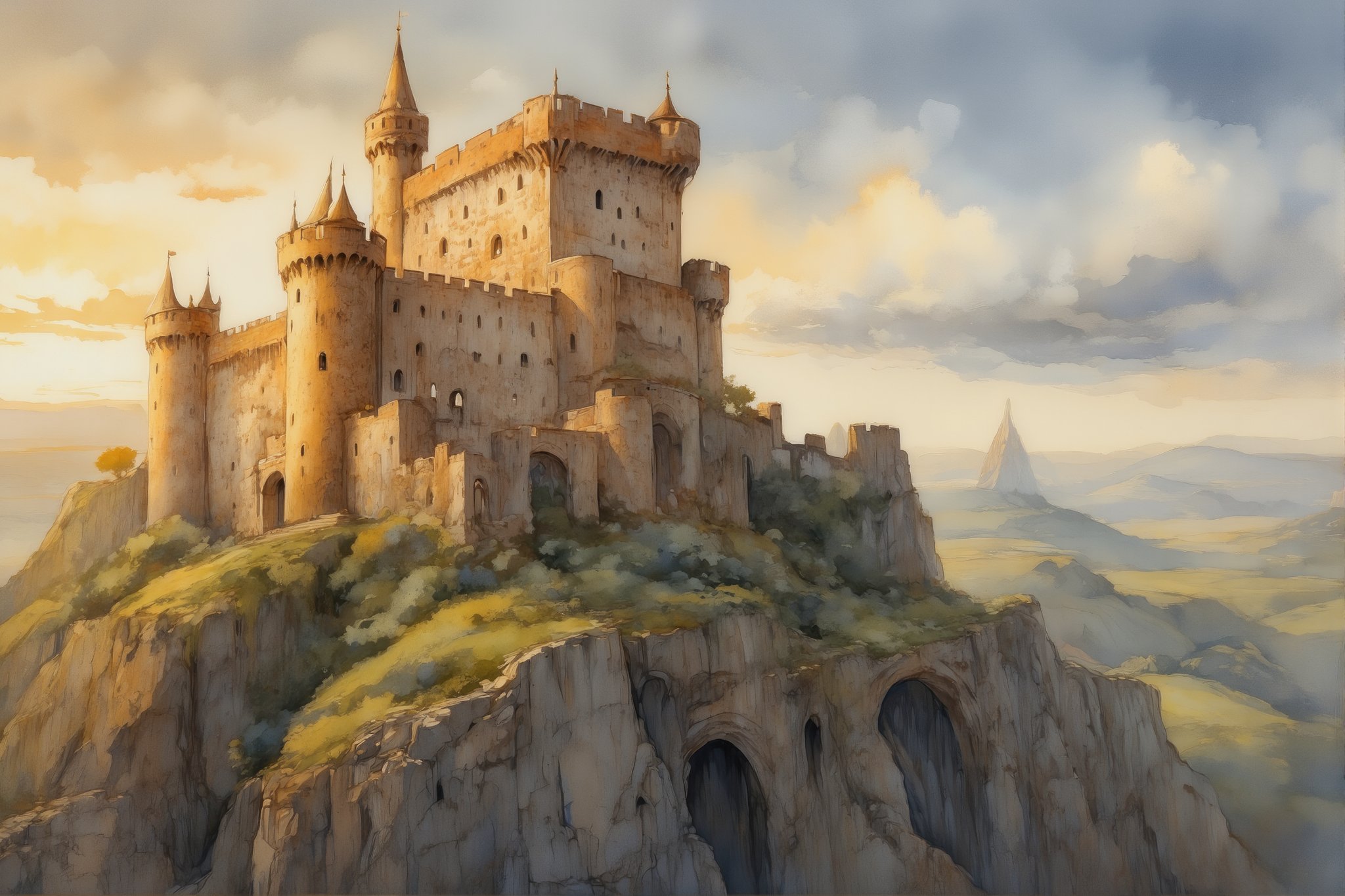 Wcol style. Fantasy. A painting depicting a fantastical,  medieval-style castle perched atop a rugged,  verdant cliff. The...
