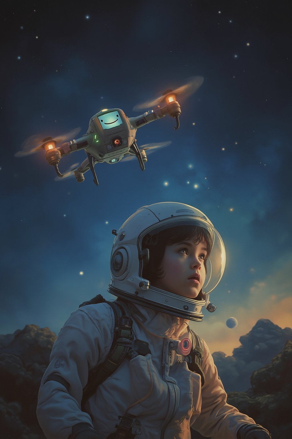 RetroSci style. A young girl, wearing a spacesuit and facing the camera. She is looking at the alien stars and cosmic events with wonder and amazement. A futuristic drone with blinking lights and a screen making a smiley face its flying by her shoulder. Upper body portrait.