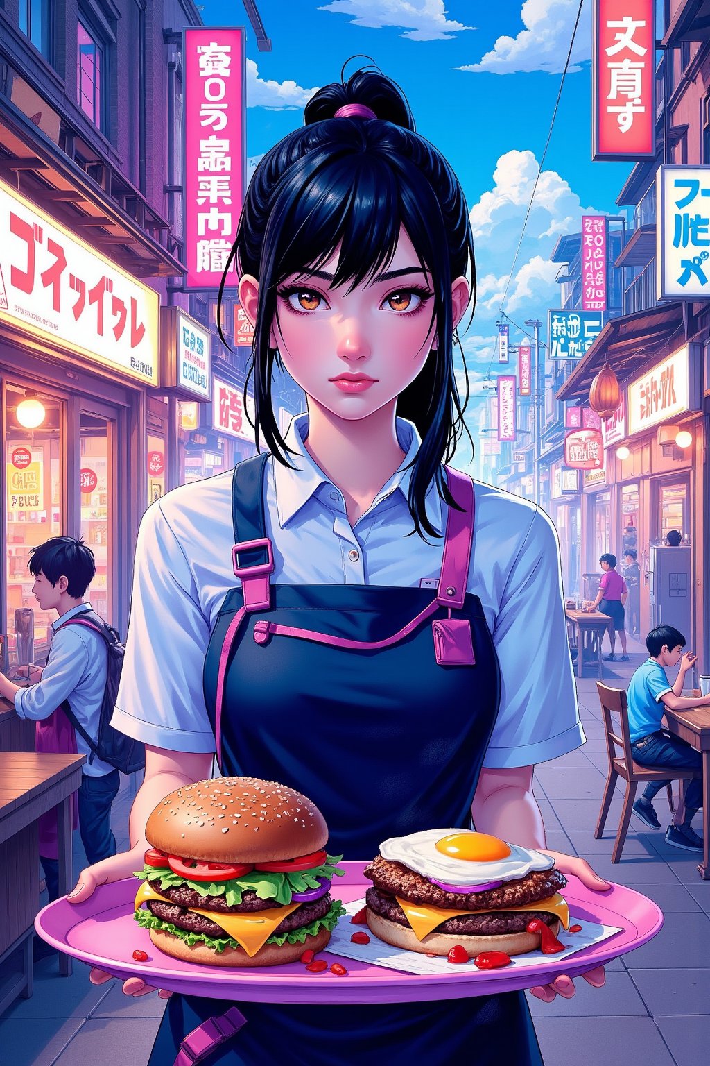 A highly detailed FrameForge style illustration in a vibrant, neon-lit urban setting, likely inspired by East Asian cities like Tokyo or Seoul. The central figure is a young woman with a light skin tone and long, straight black hair tied back in a high ponytail. She has a serious expression and is dressed in a white collared shirt underneath a dark blue apron with pink accents and utility straps. Her outfit is reminiscent of a futuristic or anime-inspired waitress uniform. She is holding a large plate of food, which includes a burger topped with various colorful ingredients like lettuce, tomato, and what appears to be a fried egg, garnished with herbs. The plate is placed on a pink, oval-shaped tray. The background is a bustling, neon-lit street scene with multiple signs and billboards in Japanese and other Asian languages, indicating a vibrant nightlife or a busy commercial district. The colors are intense and dynamic, with a mix of cool blues, hot pinks, and warm yellows, creating a vivid, almost surreal atmosphere. The detailed textures of the food, clothing, and signs enhance the realism and depth of the illustration, making it a visually striking and immersive piece.