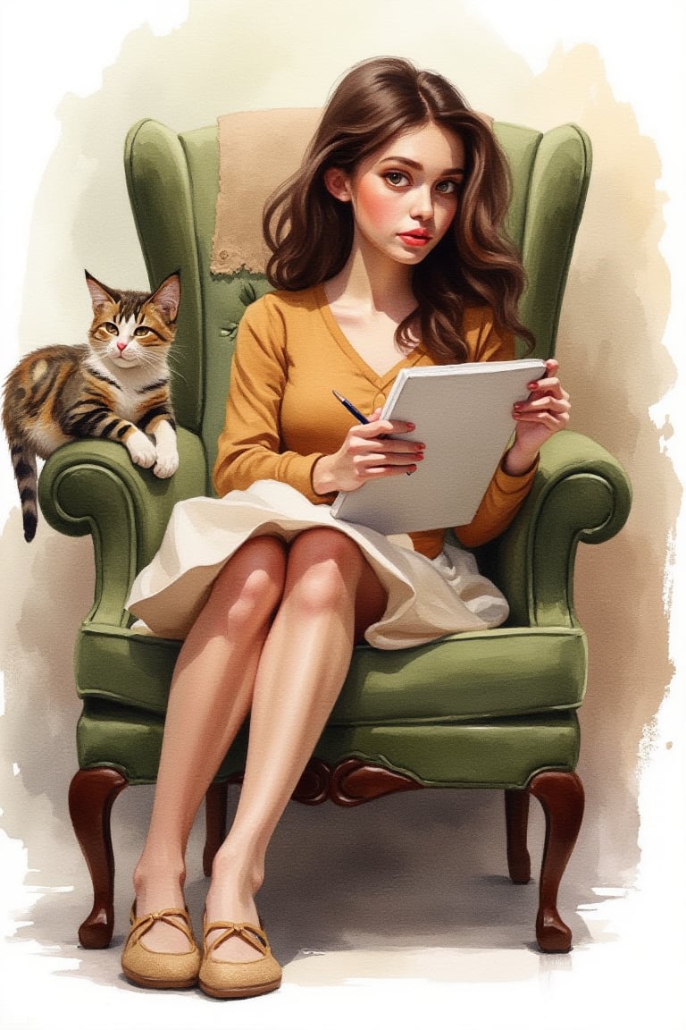 watercolor painting, ch style. A young woman is sitting in an armchair holding a sketchbook and a brush. A cat is resting on the armrest looking at the girl.