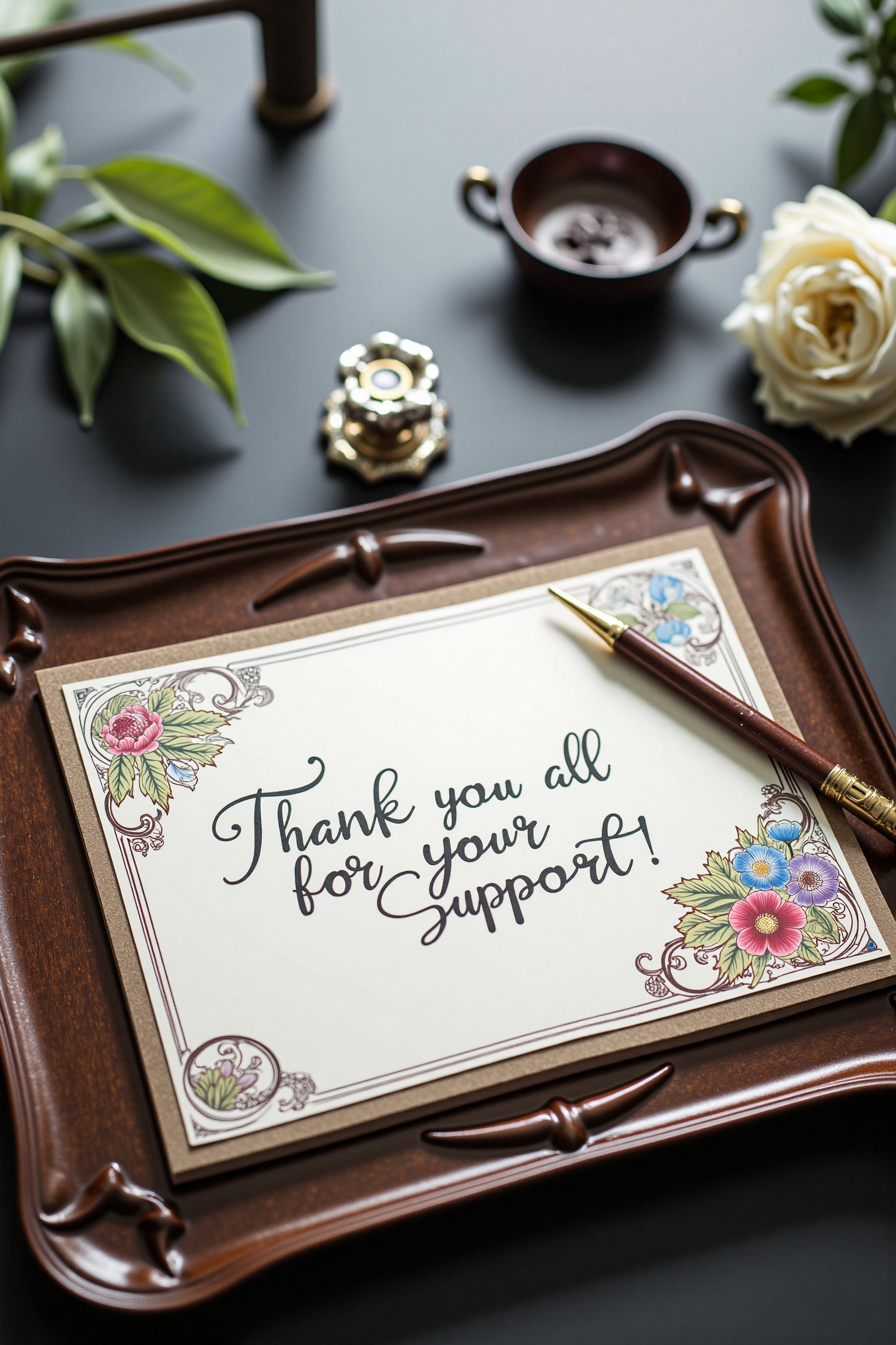 A close-up view of fine stationery paper with an elegant FLUXEvue style border with a botanical theme. The paper is resting on a dark polished wooden desk, with an ink pen designed in FLUXEvue style lying diagonally across the corner. The text on the paper reads ‘Thank you all for your support’ written in flowing handwriting in black ink that looks personal and sincere. The delicate, intricate design of the border and the ornate pencil reflect the graceful aesthetics of FLUXEvue style, capturing the essence of classic elegance and gratitude.