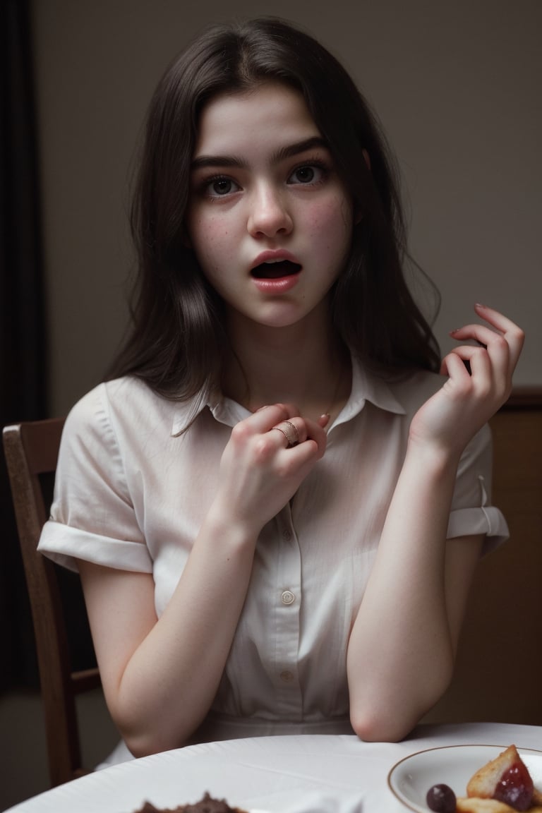 Darkly lit fine dining, expr3ssions, 1girl, American, 18 year old, beautiful, long dark hair, surprised expression, open mouth, parted lips, upper teeth only, realistic dark eyes, super realistic face, shirt dress, surprised, sitting at table opposite viewer, (holding up an engagement ring), facing viewer, 8k uhd, dslr, perfect lighting, high quality,Masterpiece