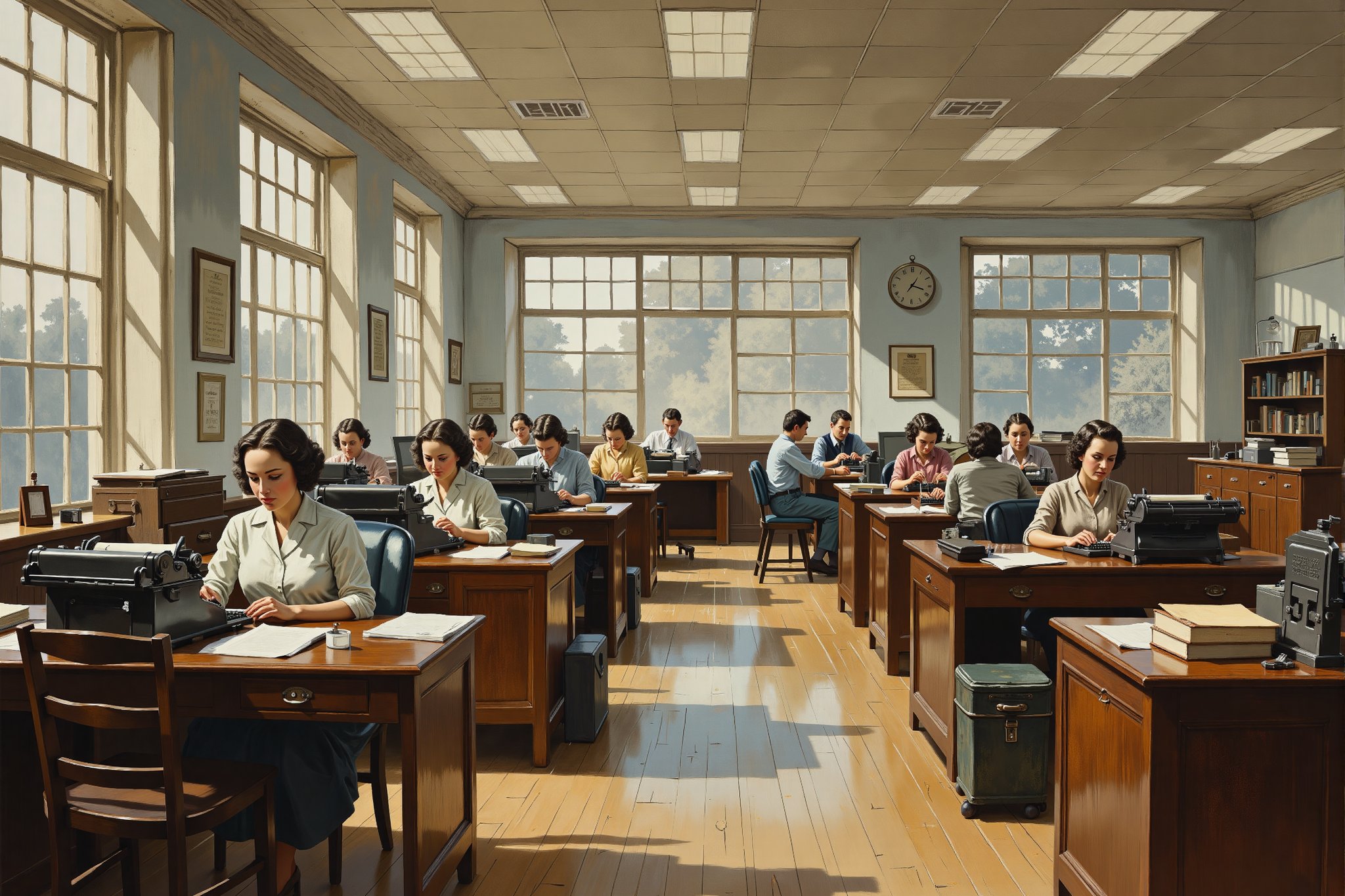 A highly detailed evolyzed painting of a large room from the 1940s. In the foreground is a chair and in the background are many rows of desks with secretaries typing away at typewriters. 