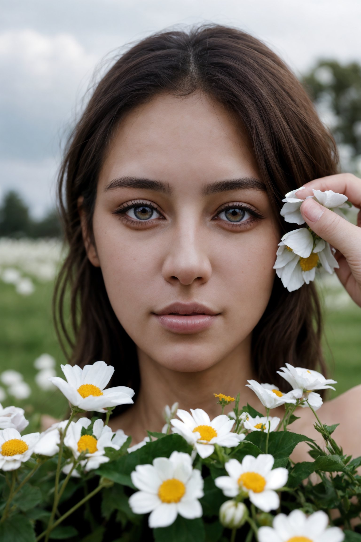 photo, rule of thirds, beauty, women, mixed race, close-up face, detailed face, detailed nose, detailed hair, field of white flowers, sunny, cloudy, dawn, realistic,raw,portrait,photorealistic,analog,realism, fashion model pose, subtle dress, facing camera, monkren