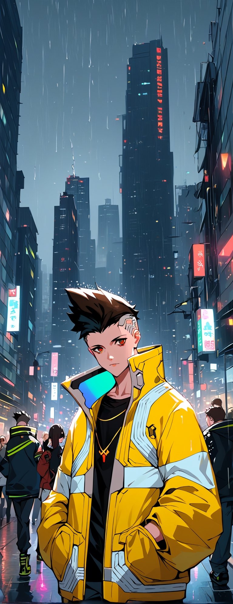 score_9, score_8_up, score_7_up, source_anime, rating_safe, Xmartinezx, x2077x, portrait boy (in fututistic city Cyberpunk :1.4), extreme detailed, neons, big buildings,  dark scene, nigth time,raining, lights city