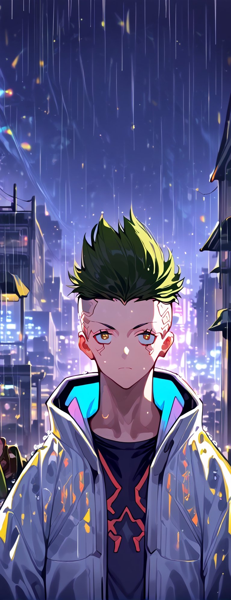 score_9, score_8_up, score_7_up, source_anime, rating_safe, Xmartinezx, x2077x, portrait boy (in fututistic city Cyberpunk :1.4), extreme detailed, neons, big buildings,  dark scene, nigth time,raining, lights city