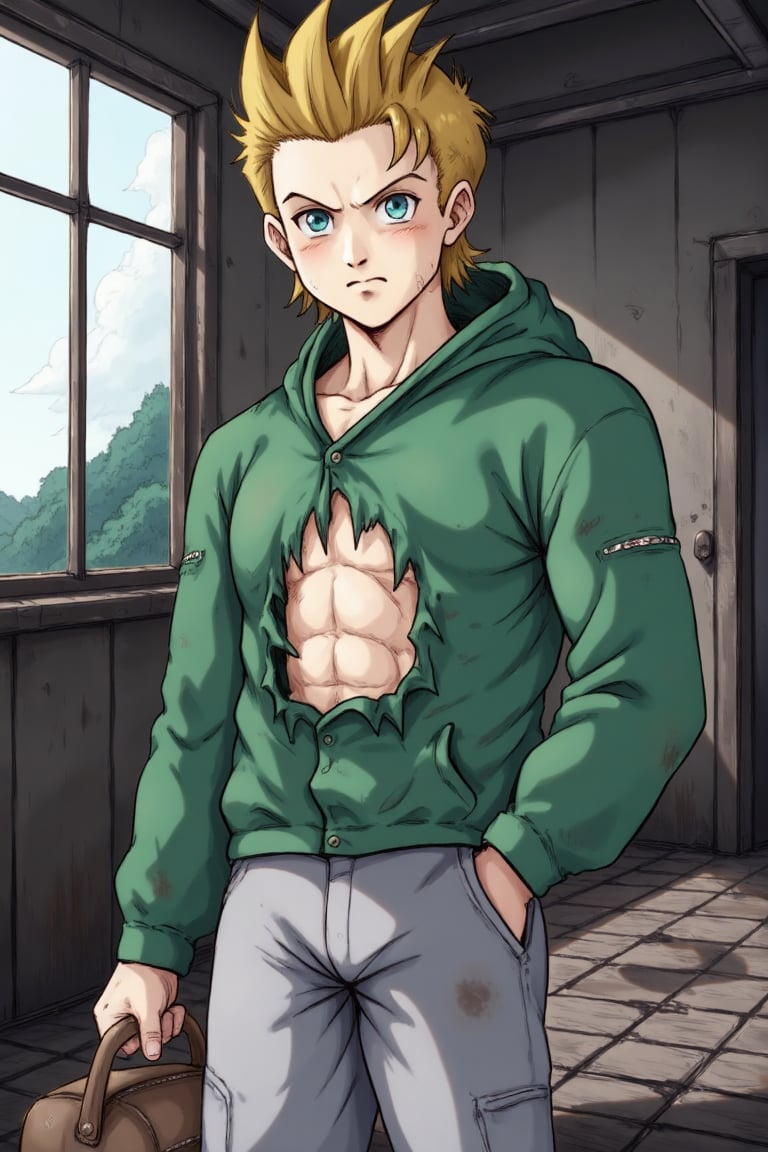 Score_9, score_8_up, score_7_up, source_anime  ,Siesta,Color a young man un abandoned room , He is holding a brown backpack with one hand, he is wearing a green hooded sweatshirt with a torn hole showing his abs, and gray pants