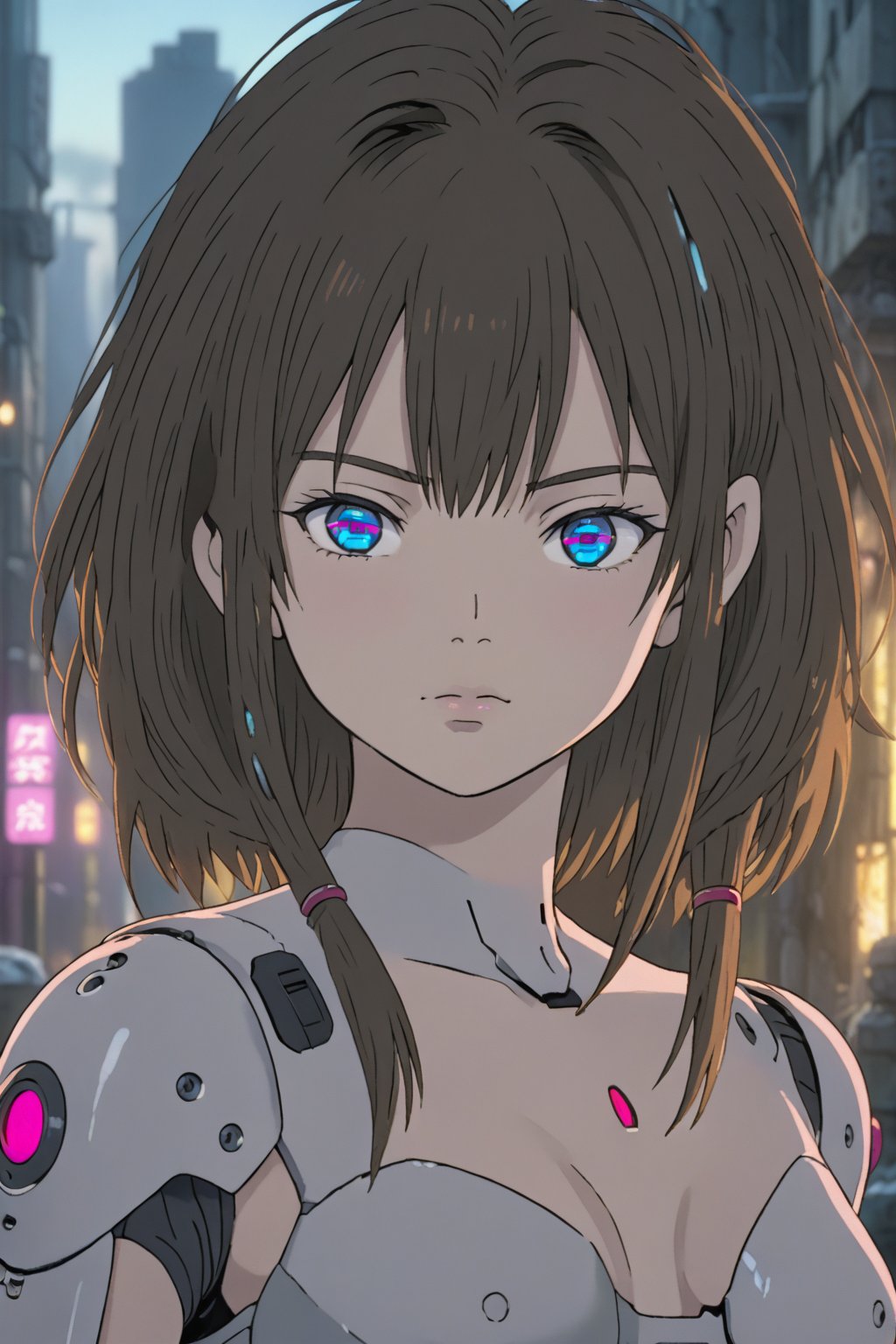 (ghibli_style:1.0)Masterpiece,middle body, score_9, score_8_up, score_7_up, source_anime, rating_safe, (beautifull face),((Xbidaiax:1.0)),source_anime,1Android_girl, close-up, portrait, Close-up, 8K Ultra HD. In destroyed city, very detailed,  atmospheric lighting, reflected light passing through hair, 