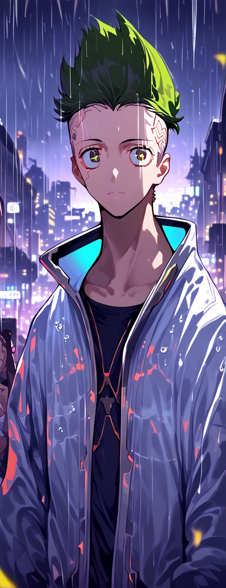 score_9, score_8_up, score_7_up, source_anime, rating_safe, Xmartinezx, x2077x, portrait boy (in fututistic city Cyberpunk :1.4), extreme detailed, neons, big buildings,  dark scene, nigth time,raining, lights city