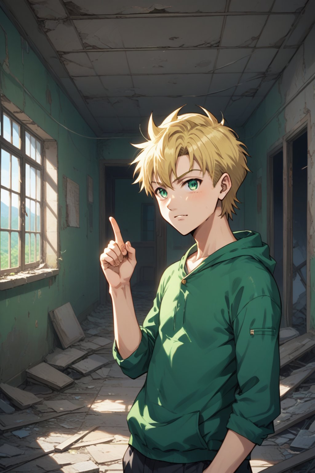 Score_9,score_8_up, score_7_up, source_anime,(xsiestx,xcolx),young man , green chaket, blonde hair, masterpiece, gesticulated, in abandoned room