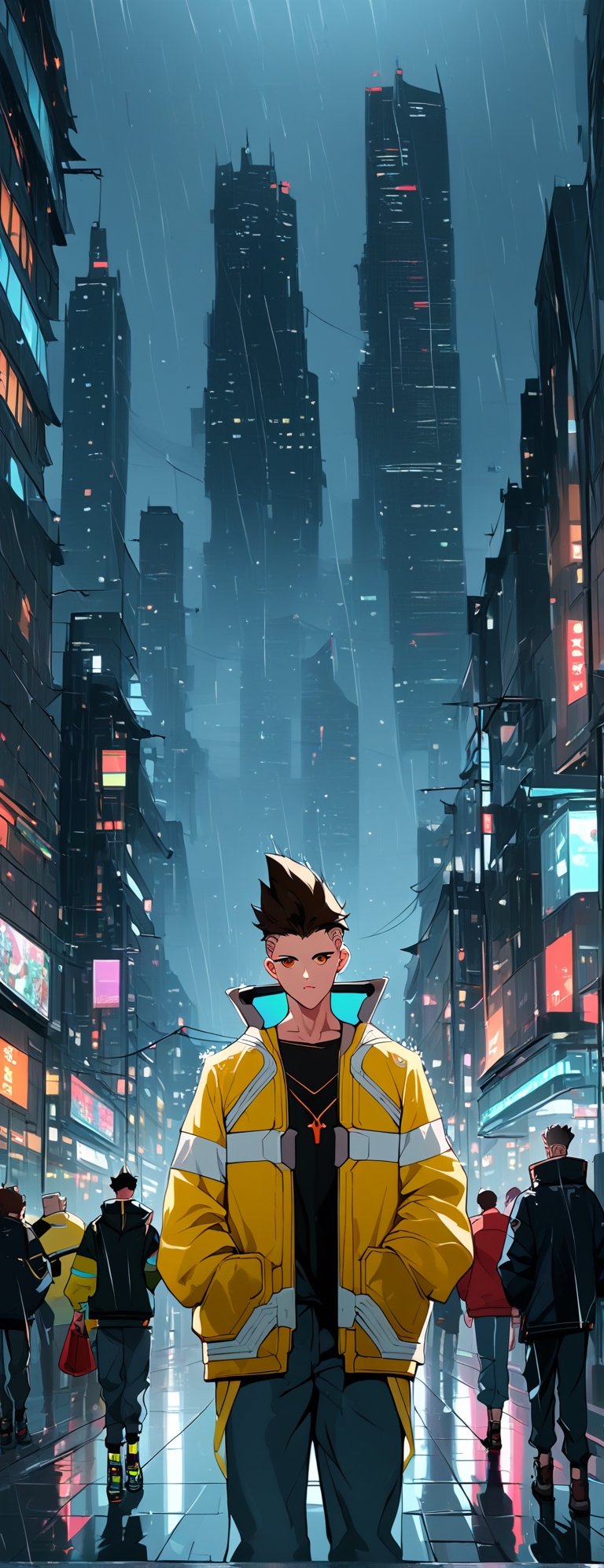 score_9, score_8_up, score_7_up, source_anime, rating_safe, Xmartinezx, x2077x, portrait boy (in fututistic city Cyberpunk :1.4), extreme detailed, neons, big buildings,  dark scene, nigth time,raining, lights city