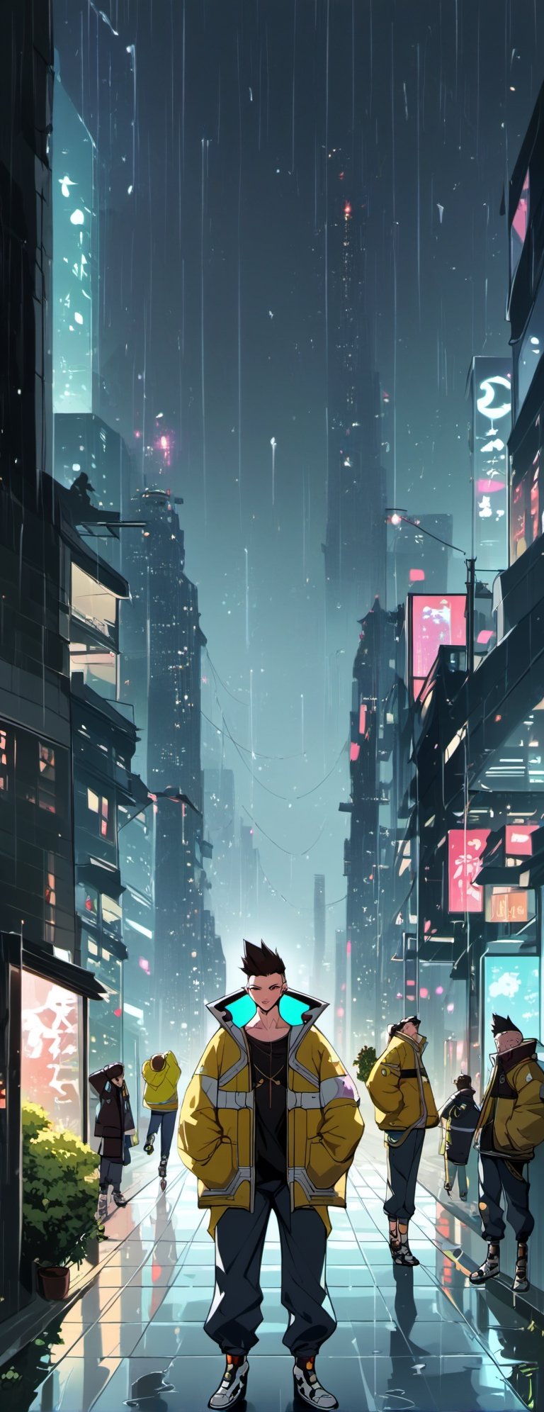 score_9, score_8_up, score_7_up, source_anime, rating_safe, Xmartinezx, x2077x, portrait boy (in fututistic city Cyberpunk :1.4), extreme detailed, neons, big buildings,  dark scene, nigth time,raining, lights city,masterpiece