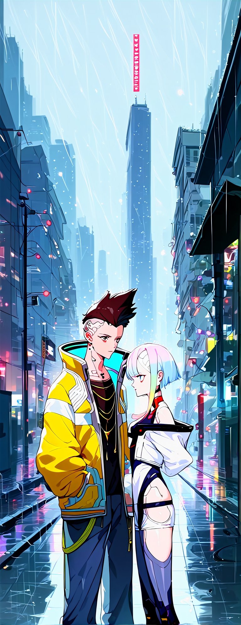 score_9, score_8_up, score_7_up, source_anime, rating_safe,xmultiplex, xlucyx, Xmartinezx, x2077x, portrait boy (in fututistic city Cyberpunk :1.4), extreme detailed, neons, big buildings,  dark scene, nigth time,raining, lights city,masterpiece