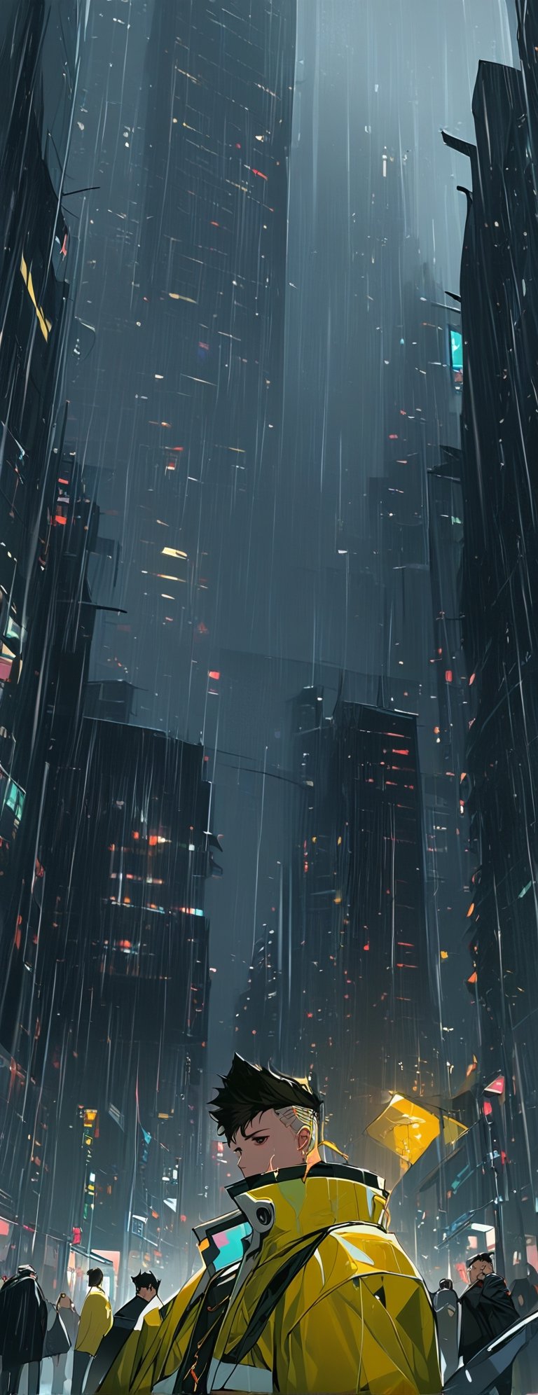 score_9, score_8_up, score_7_up, source_anime, rating_safe, Xmartinezx, x2077x, portrait boy (in fututistic city Cyberpunk :1.4), extreme detailed, neons, big buildings,  dark scene, nigth time,raining, lights city,masterpiece