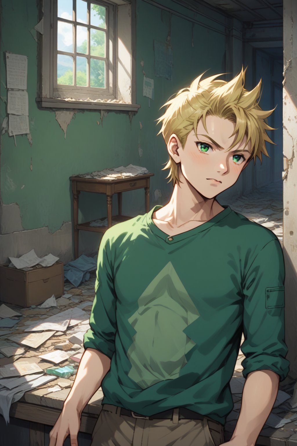 Score_9,score_8_up, score_7_up, source_anime,(xsiestx,xcolx),young man , green chaket, blonde hair, masterpiece, gesticulated, in abandoned room