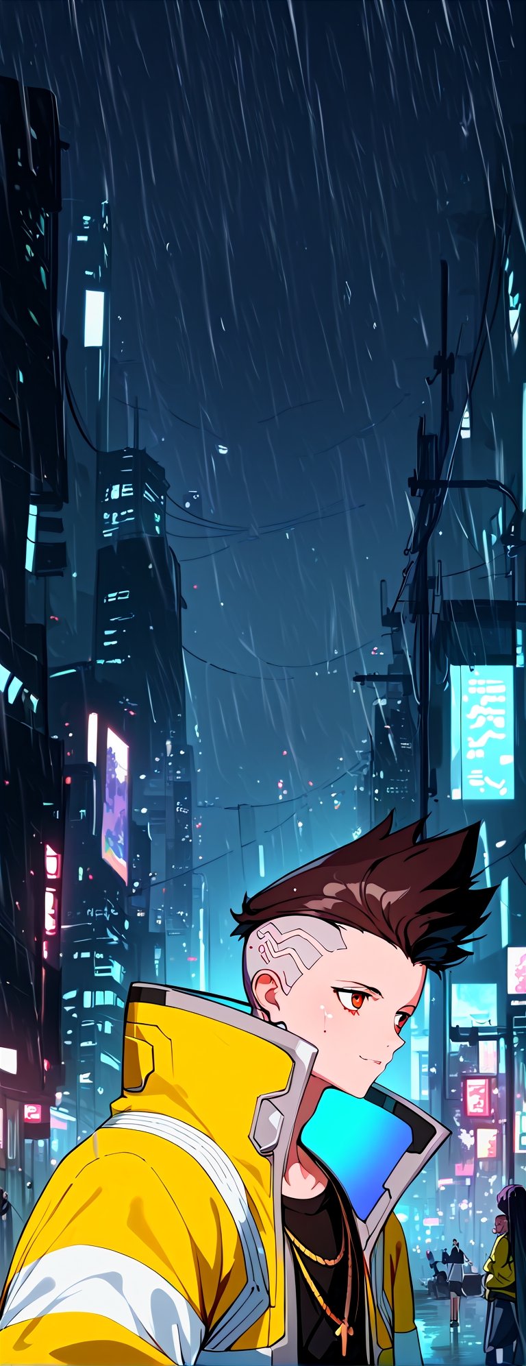 score_9, score_8_up, score_7_up, source_anime, rating_safe, Xmartinezx, x2077x, portrait boy (in fututistic city Cyberpunk :1.4), extreme detailed, neons, big buildings,  dark scene, nigth time,raining, lights city,masterpiece