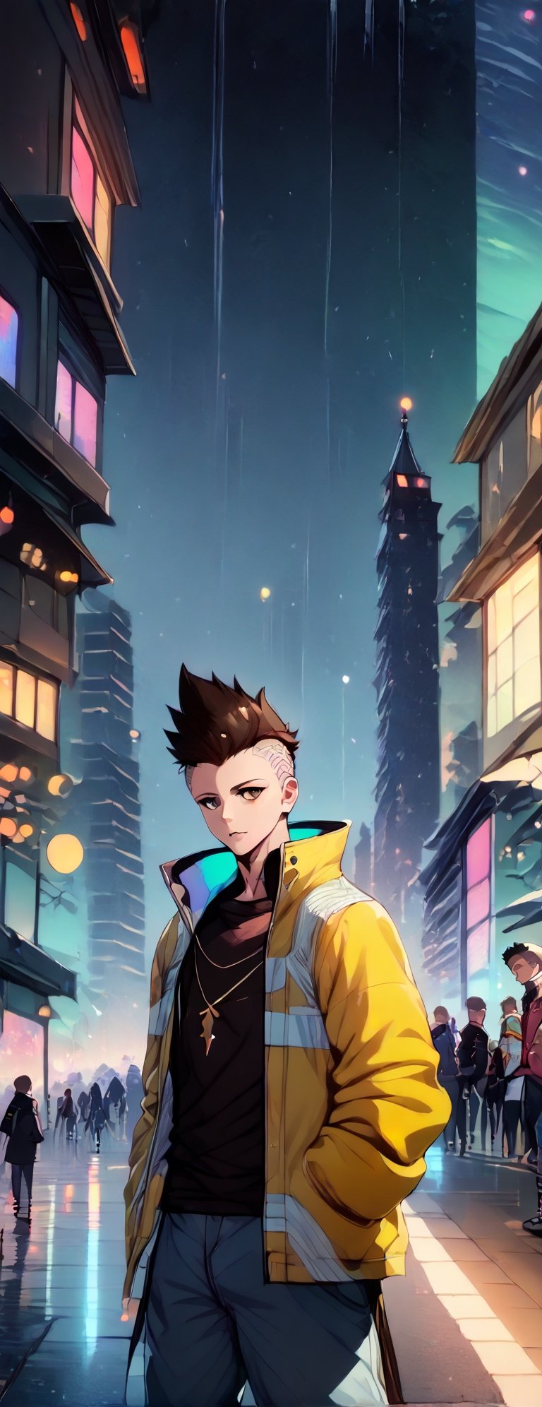 score_9, score_8_up, score_7_up, source_anime, rating_safe, Xmartinezx, x2077x, portrait boy (in fututistic city Cyberpunk :1.4), extreme detailed, neons, big buildings,  dark scene, nigth time,raining, lights city,masterpiece