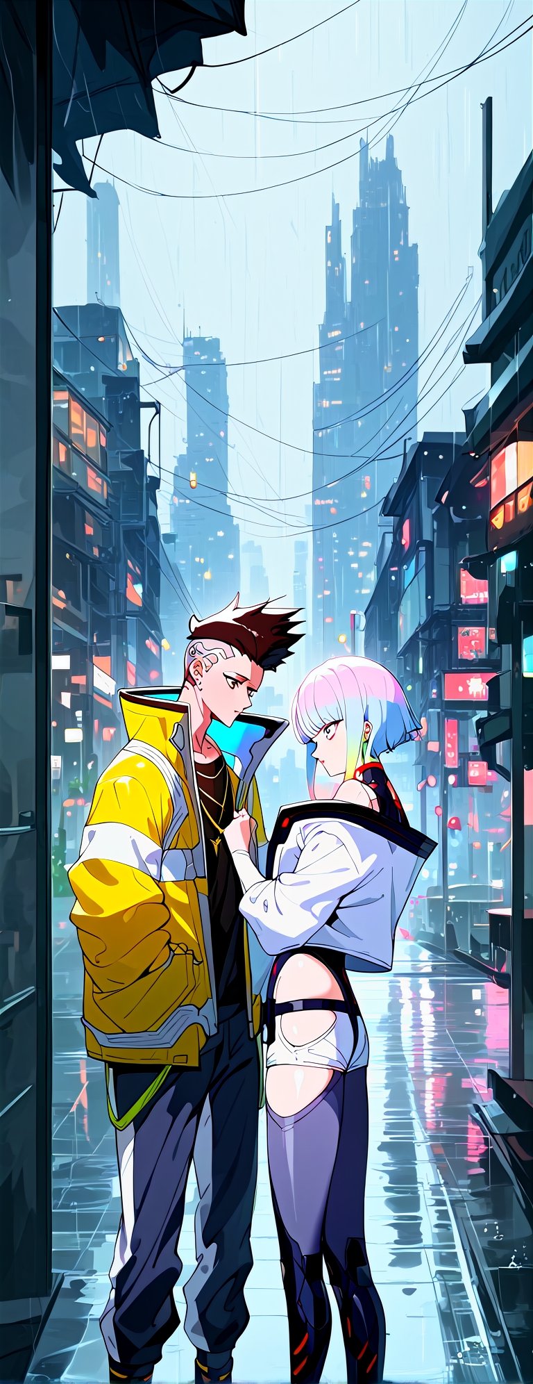 score_9, score_8_up, score_7_up, source_anime, rating_safe,xmultiplex, xlucyx, Xmartinezx, x2077x, portrait boy (couple in fututistic city Cyberpunk :1.4), extreme detailed, neons, big buildings,  dark scene, nigth time,raining, lights city,masterpiece