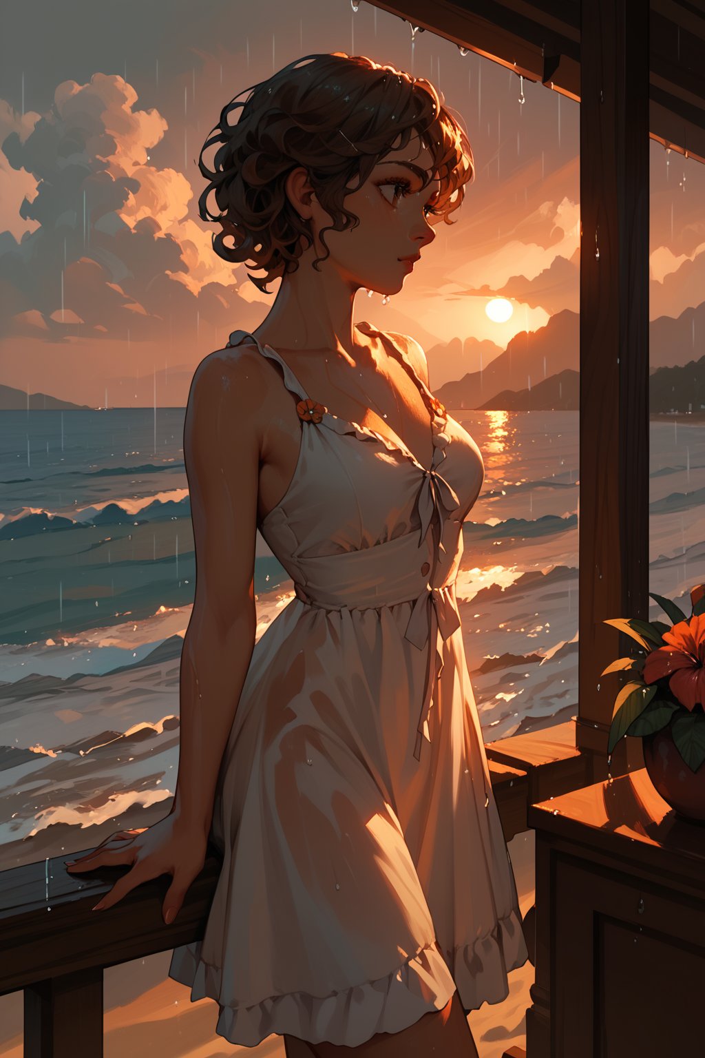 (score_9,score_8_up,score_7_up),1girl, solo, indoors, medium_sized_chest, curly_short_dark_brown_hair, dark_brown_eyes, half Irish half English ethnicity, light skin complexion, 21 years old, sundress, silhouette, sunset, beach, rainy, picturesque