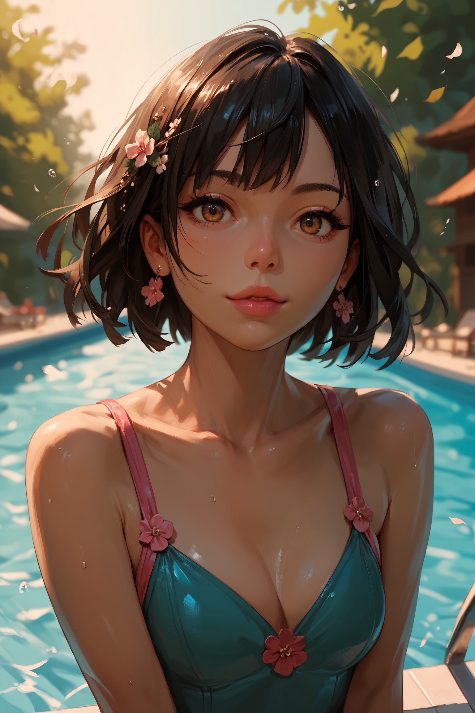 score_9, score_8_up, score_7_up, score_6_up, score_5_up, score_4_up, anime_source, (masterpiece), best quality, best face, pink lips, brown eyes, black hair, small bust, attention to detail face, extremely attractive girl. She is floating in a swimming pool…