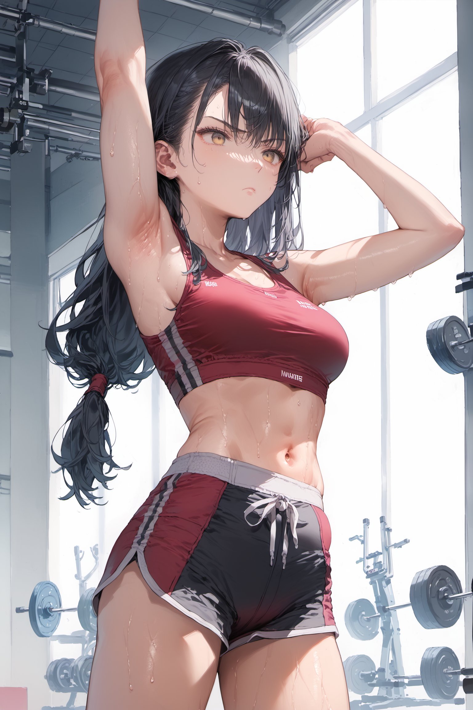 score_9, score_8_up, score_7_up, source_anime, masterpiece, absurdres, (rating_safe), low-tied long hair, black hair, velvetcrowe, vibrant golden eyes, serious face, sweating, slender, medium breasts, white and red cropped gym top, black and red gym shorts, midriff, stretching, exercising, gym background, perfect hands